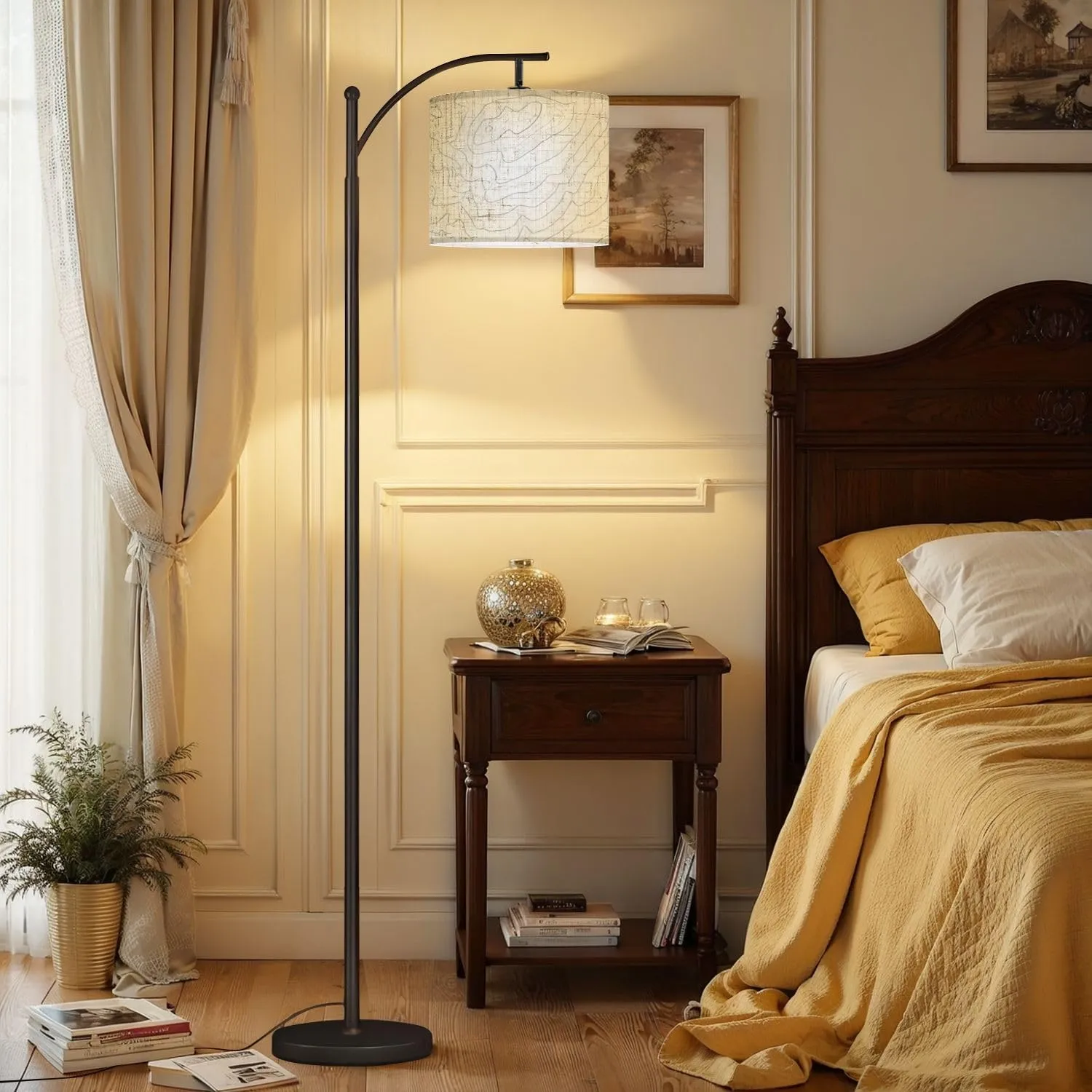 Arc Floor Lamps Black White Topography Contour Outline Map Elevation Abstract Modern LED Adjustable Lampshade Standing Light for Living Room Reading Bedroom Office