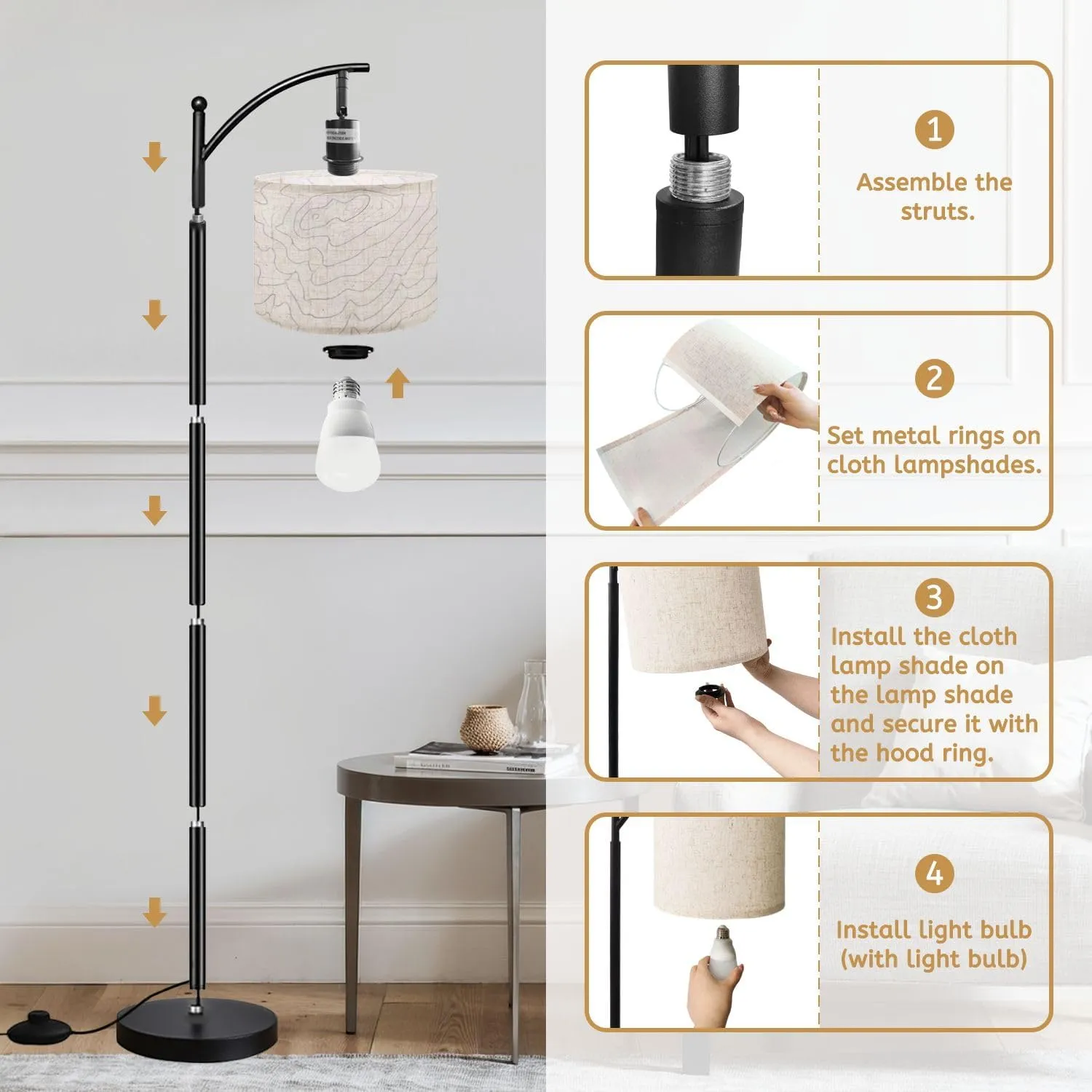 Arc Floor Lamps Black White Topography Contour Outline Map Elevation Abstract Modern LED Adjustable Lampshade Standing Light for Living Room Reading Bedroom Office