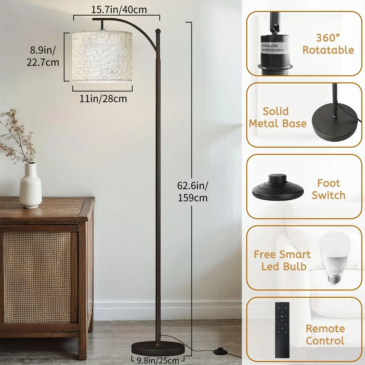 Arc Floor Lamps Black White Topography Contour Outline Map Elevation Abstract Modern LED Adjustable Lampshade Standing Light for Living Room Reading Bedroom Office