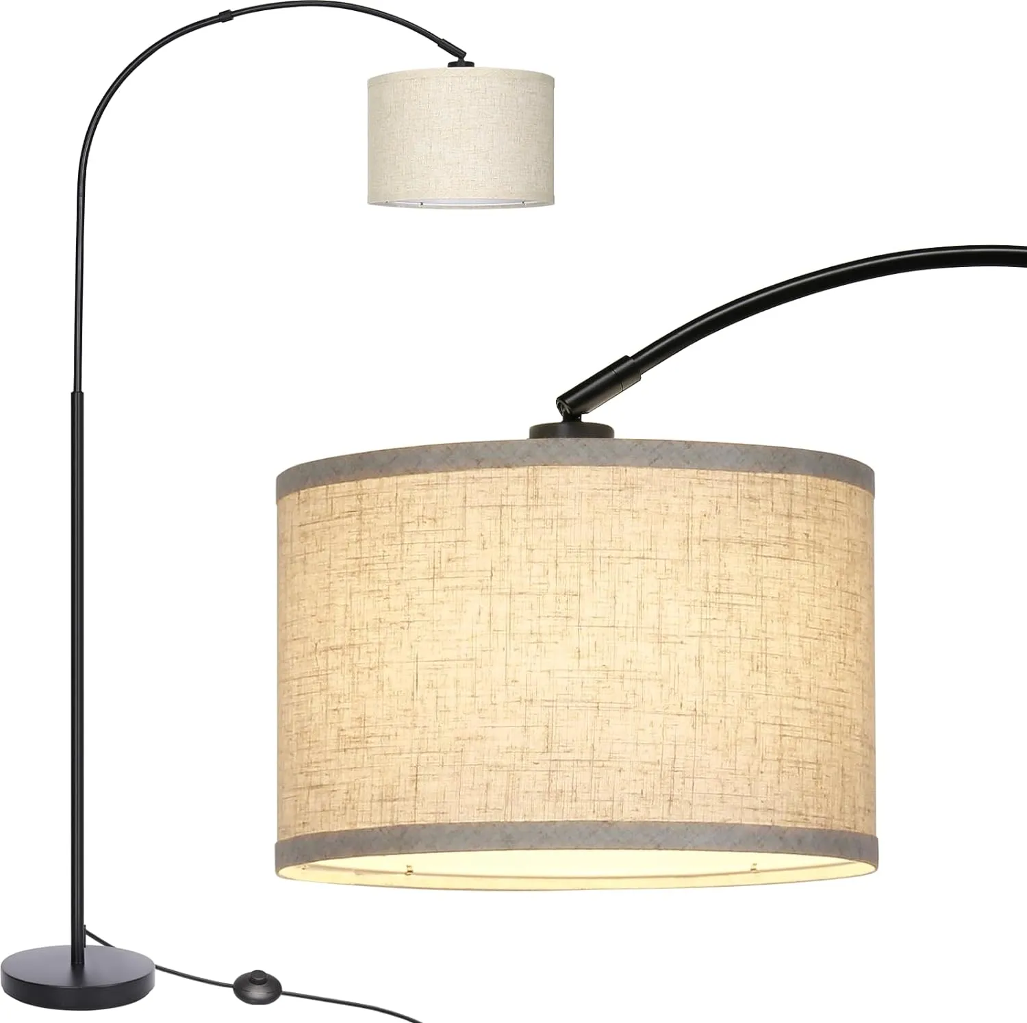Arc Floor Lamps for Living Room, Modern Standing Lamp with Adjustable Hanging Drum Shade, Tall Pole Lamp with Foot Switch, Over Couch Arched Reading Light for Bedroom, Office (Black)