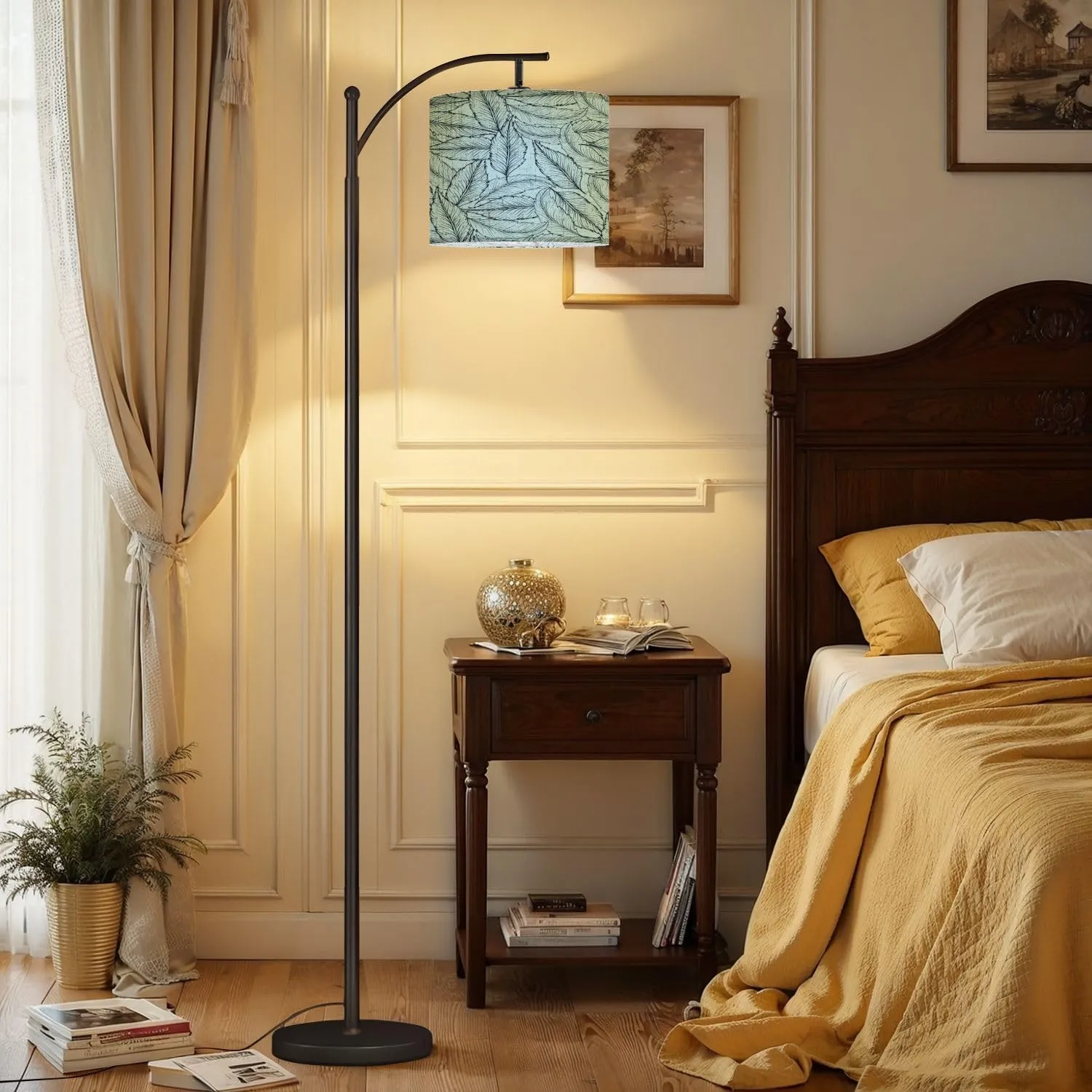 Arc Floor Lamps Hand Drawn Floral Outline Modern LED Adjustable Lampshade Standing Light for Living Room Reading Bedroom Office