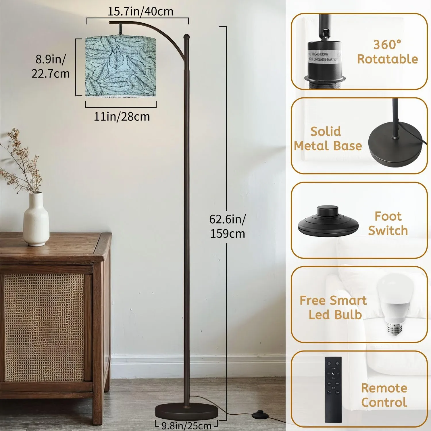 Arc Floor Lamps Hand Drawn Floral Outline Modern LED Adjustable Lampshade Standing Light for Living Room Reading Bedroom Office