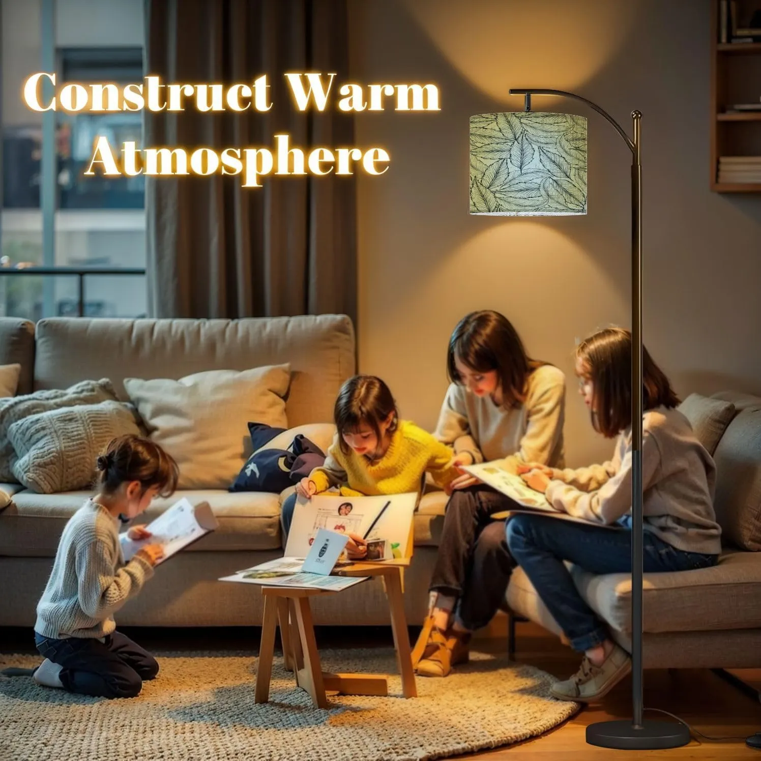 Arc Floor Lamps Hand Drawn Floral Outline Modern LED Adjustable Lampshade Standing Light for Living Room Reading Bedroom Office