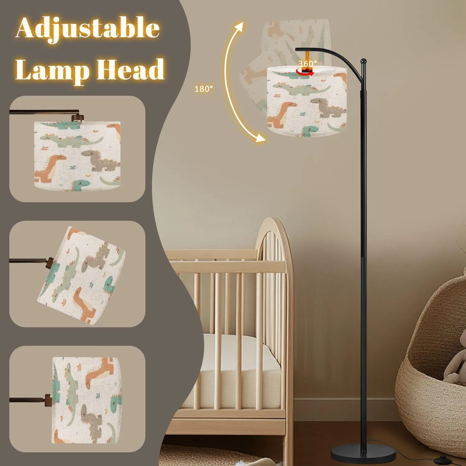 Arc Floor Lamps Seamless Pattern Cute Dinosaurs White Ideal for Children s Clothing Modern LED Adjustable Lampshade Standing Light for Living Room Reading Bedroom Office