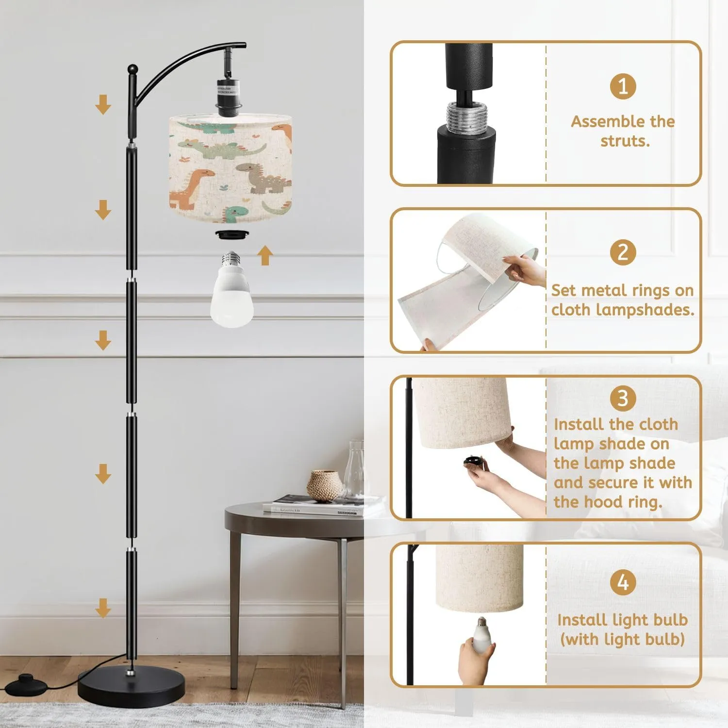 Arc Floor Lamps Seamless Pattern Cute Dinosaurs White Ideal for Children s Clothing Modern LED Adjustable Lampshade Standing Light for Living Room Reading Bedroom Office