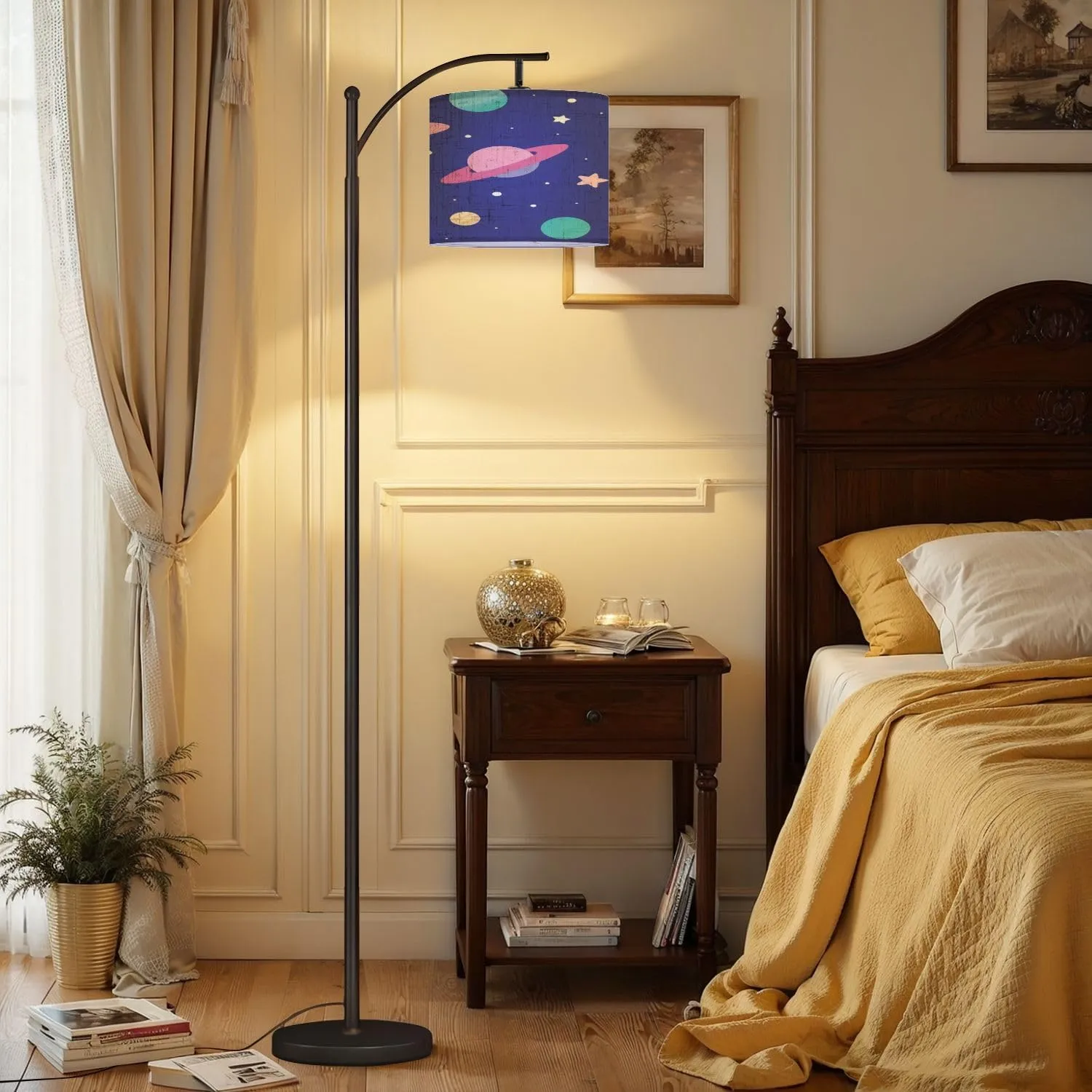 Arc Floor Lamps Space Seamless Pattern for Kids Children Nursery Room for Gift Paper Modern LED Adjustable Lampshade Standing Light for Living Room Reading Bedroom Office