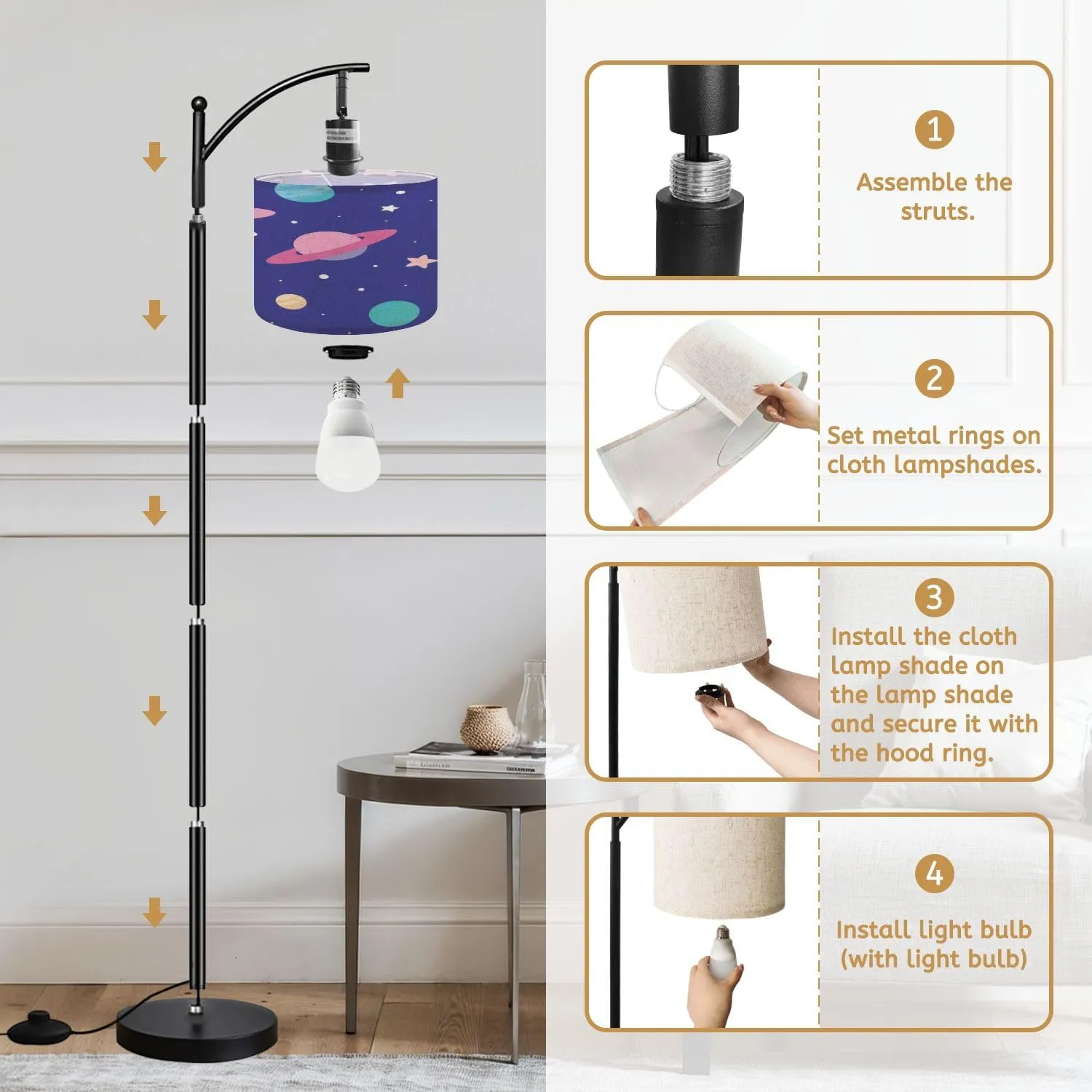 Arc Floor Lamps Space Seamless Pattern for Kids Children Nursery Room for Gift Paper Modern LED Adjustable Lampshade Standing Light for Living Room Reading Bedroom Office