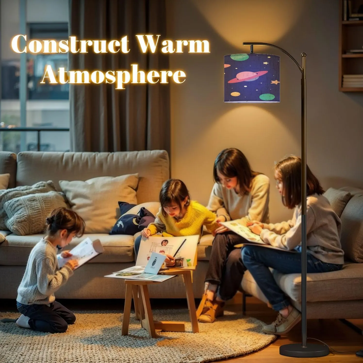 Arc Floor Lamps Space Seamless Pattern for Kids Children Nursery Room for Gift Paper Modern LED Adjustable Lampshade Standing Light for Living Room Reading Bedroom Office
