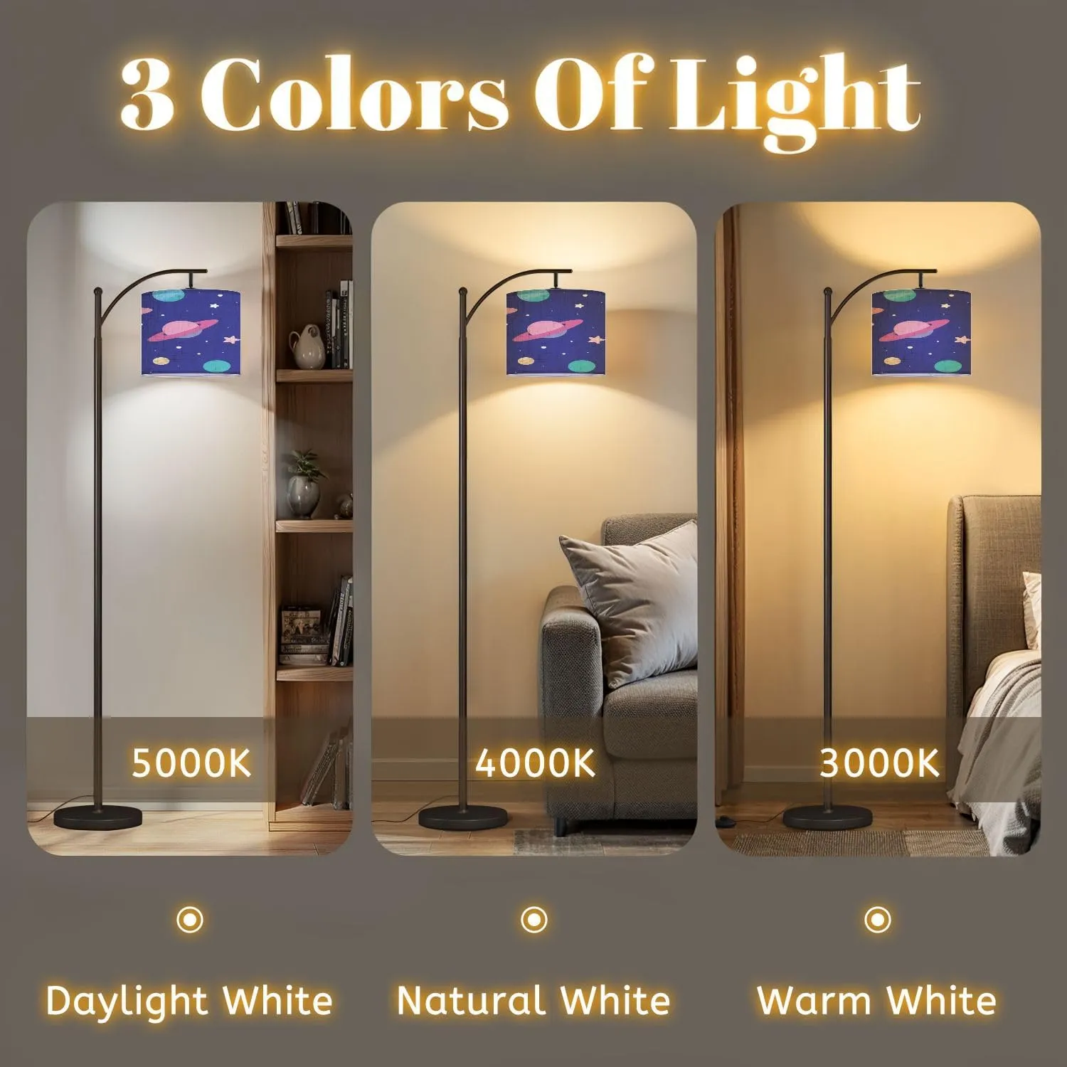 Arc Floor Lamps Space Seamless Pattern for Kids Children Nursery Room for Gift Paper Modern LED Adjustable Lampshade Standing Light for Living Room Reading Bedroom Office