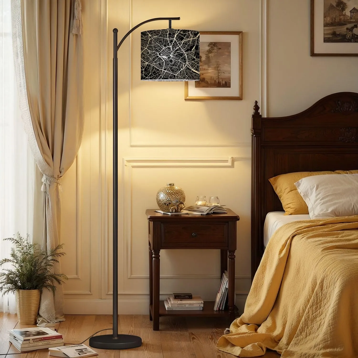Arc Floor Lamps Urban City map England Modern LED Adjustable Lampshade Standing Light for Living Room Reading Bedroom Office