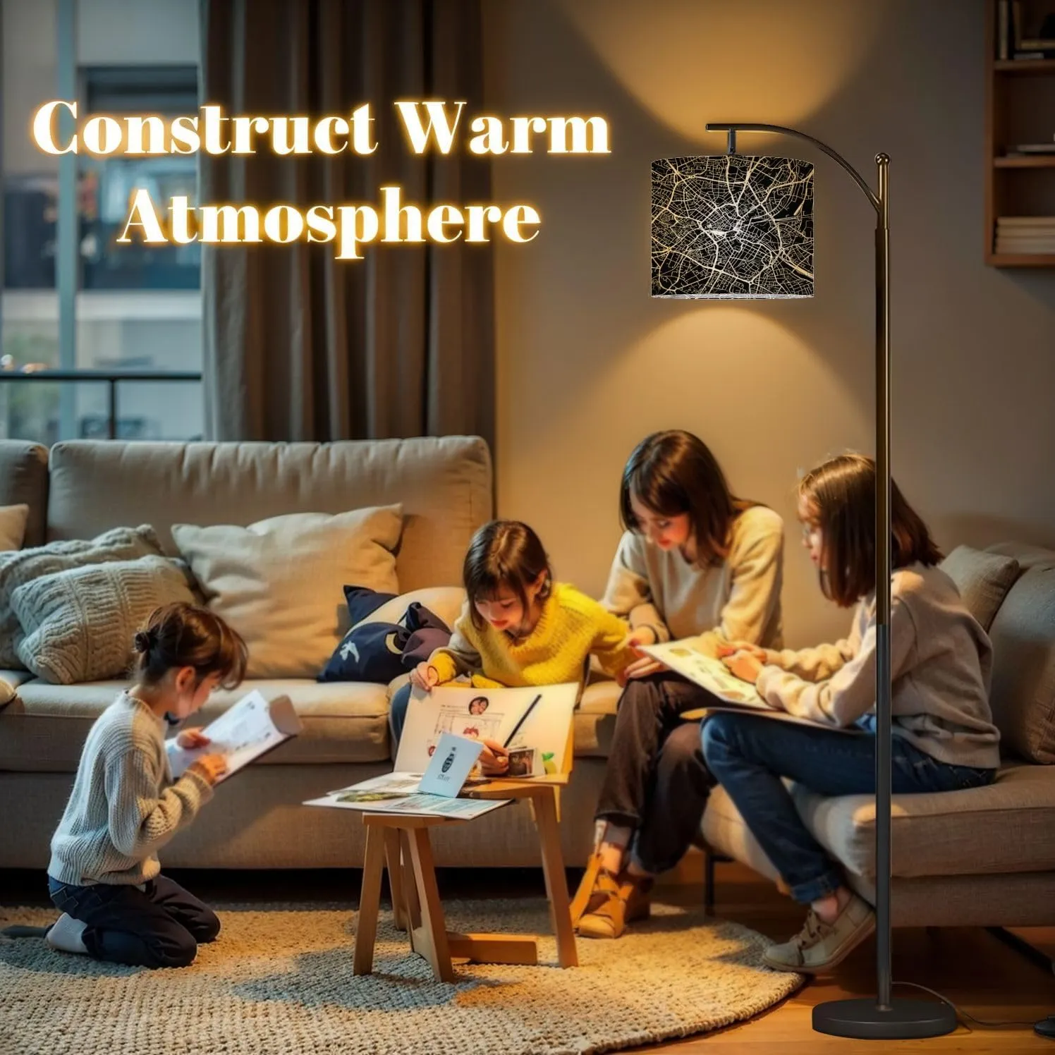 Arc Floor Lamps Urban City map England Modern LED Adjustable Lampshade Standing Light for Living Room Reading Bedroom Office
