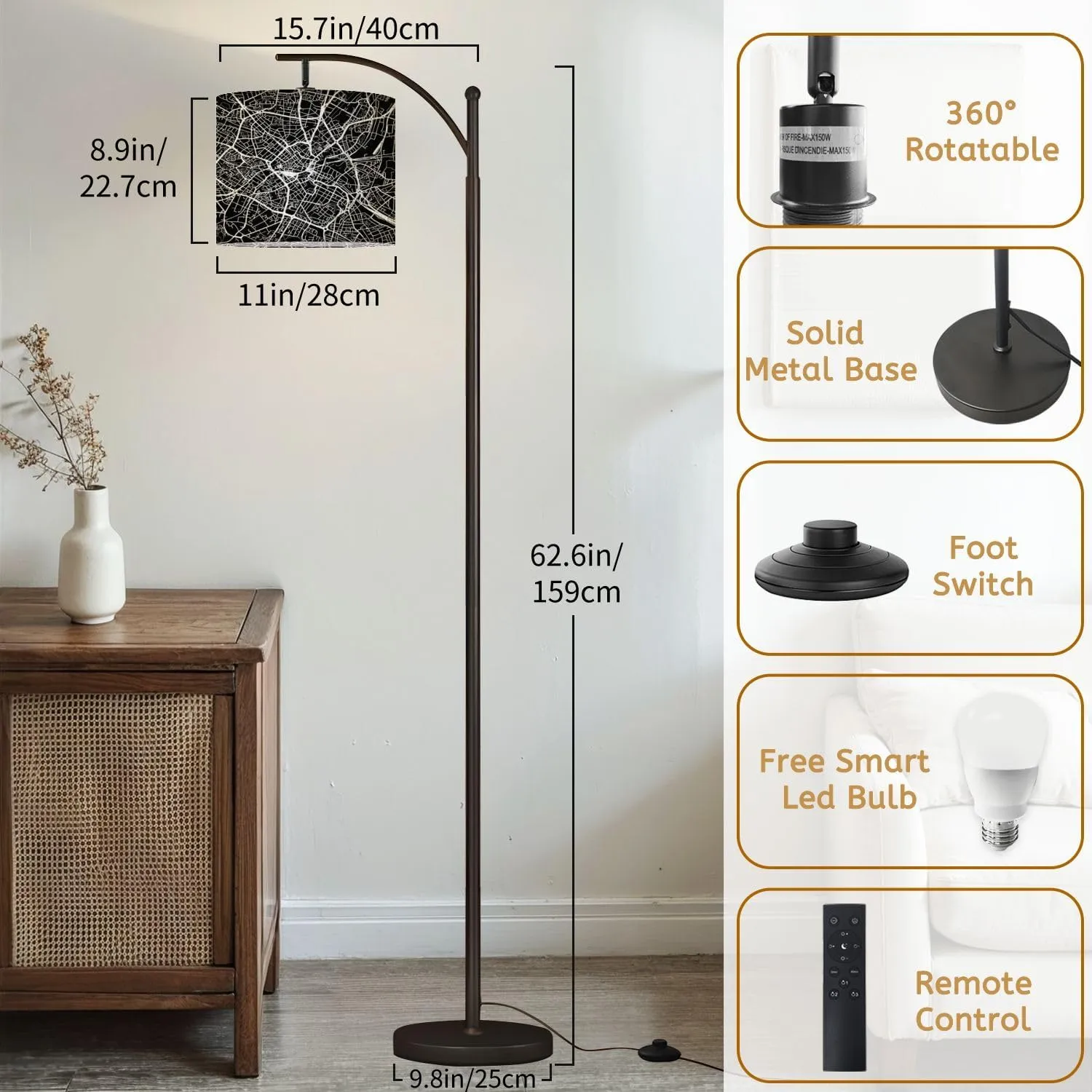 Arc Floor Lamps Urban City map England Modern LED Adjustable Lampshade Standing Light for Living Room Reading Bedroom Office