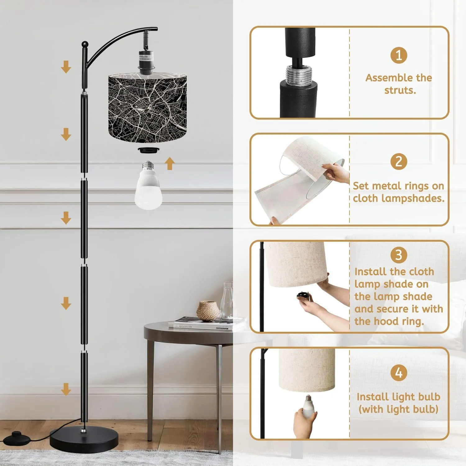 Arc Floor Lamps Urban City map England Modern LED Adjustable Lampshade Standing Light for Living Room Reading Bedroom Office
