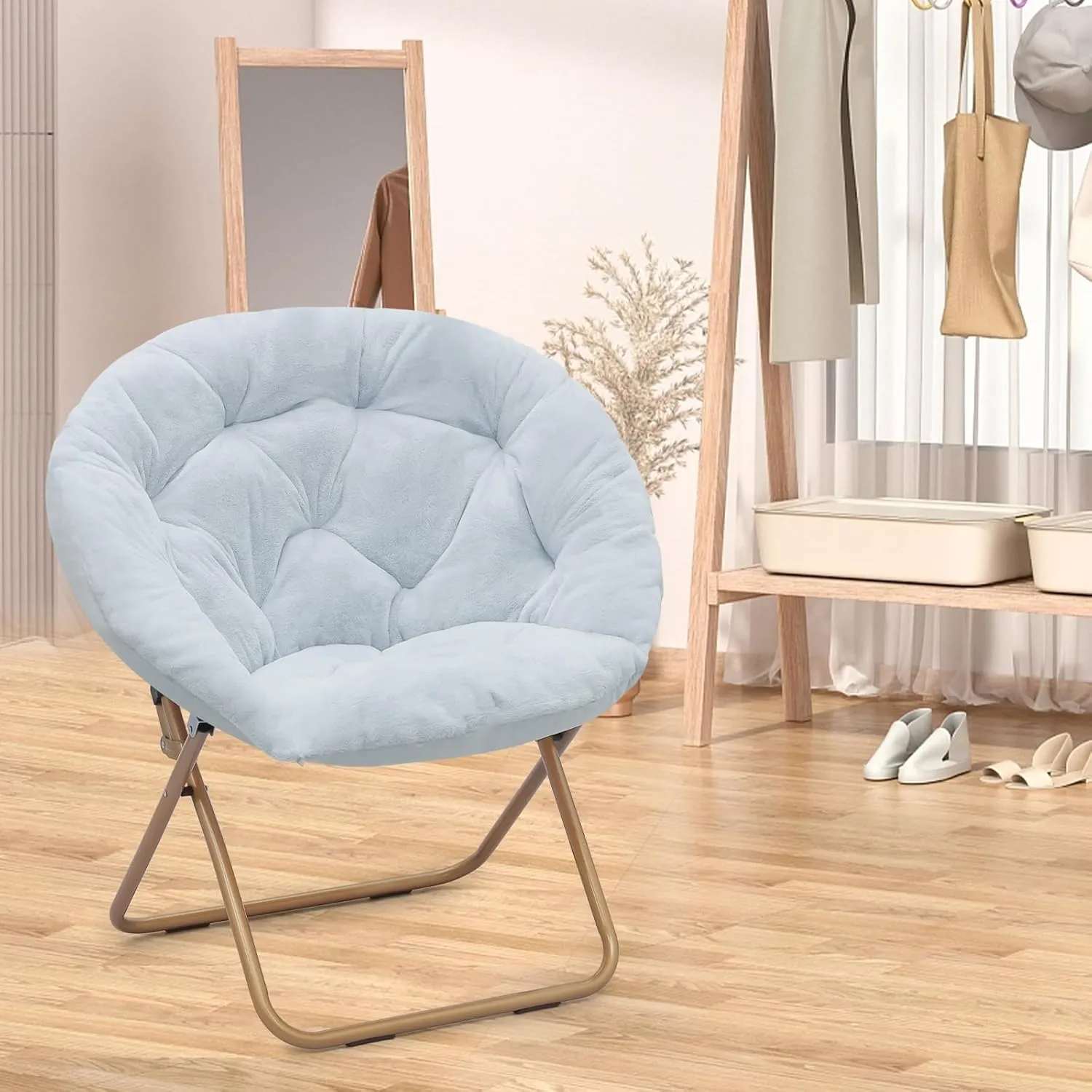 Athena Collection Comfy Saucer Chair Folding Cozy Chair for Bed Room Living Room Accent Chair Faux Fur Reading Chair Foldable Metal Frame Lazy Chair Moon Chair for Adult Set of 2, Blue