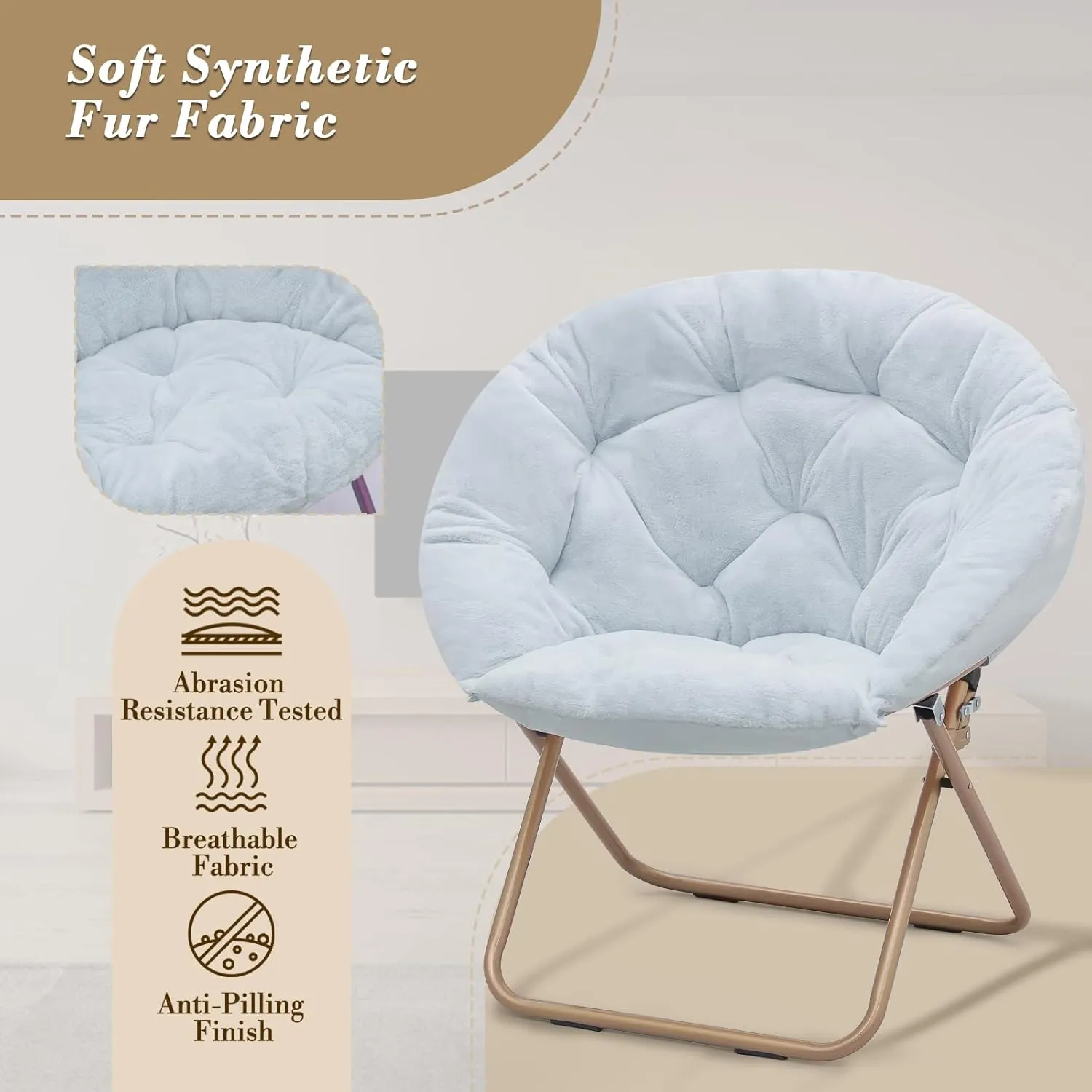 Athena Collection Comfy Saucer Chair Folding Cozy Chair for Bed Room Living Room Accent Chair Faux Fur Reading Chair Foldable Metal Frame Lazy Chair Moon Chair for Adult Set of 2, Blue