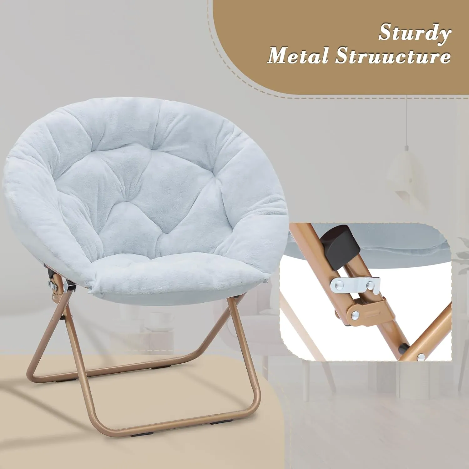 Athena Collection Comfy Saucer Chair Folding Cozy Chair for Bed Room Living Room Accent Chair Faux Fur Reading Chair Foldable Metal Frame Lazy Chair Moon Chair for Adult Set of 2, Blue