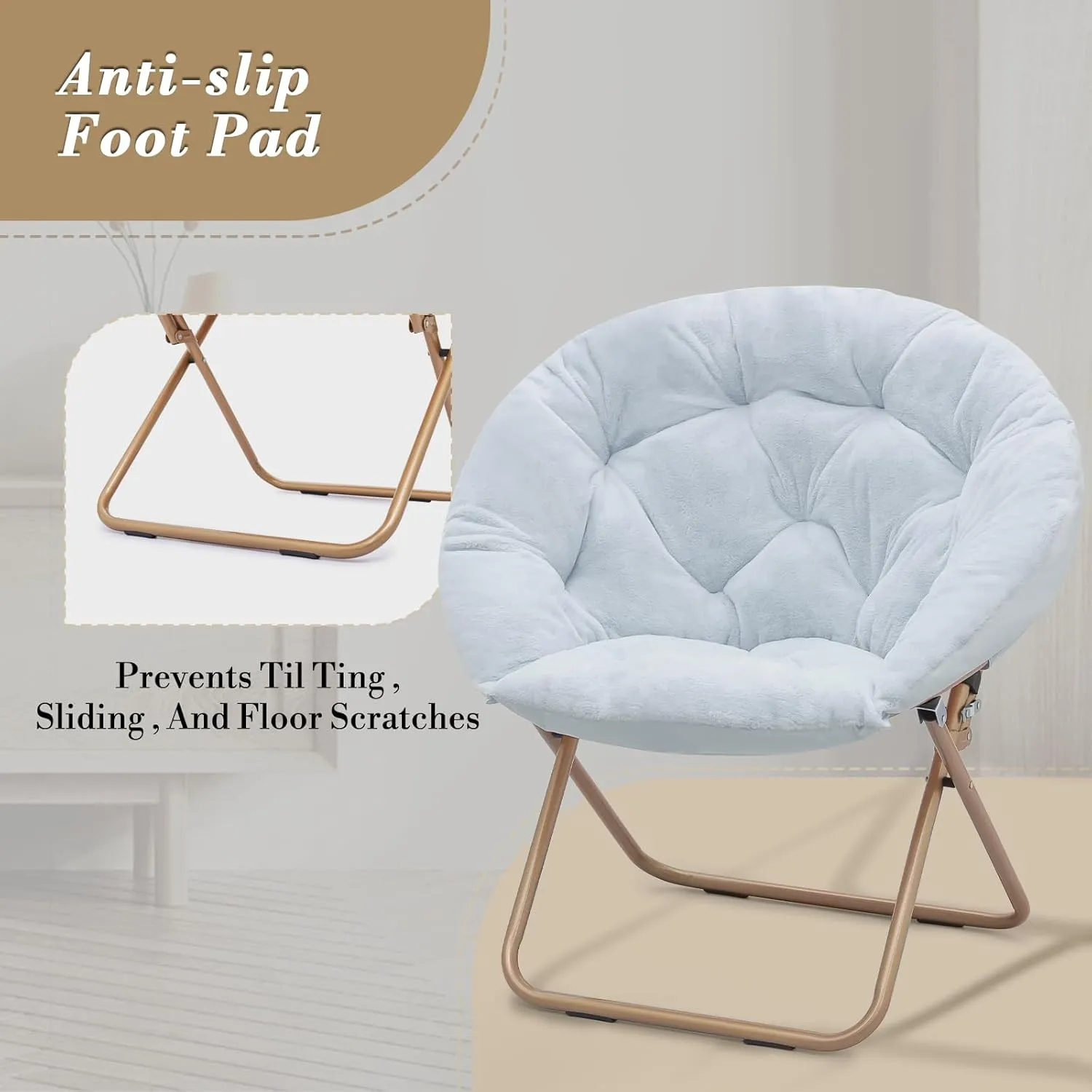 Athena Collection Comfy Saucer Chair Folding Cozy Chair for Bed Room Living Room Accent Chair Faux Fur Reading Chair Foldable Metal Frame Lazy Chair Moon Chair for Adult Set of 2, Blue