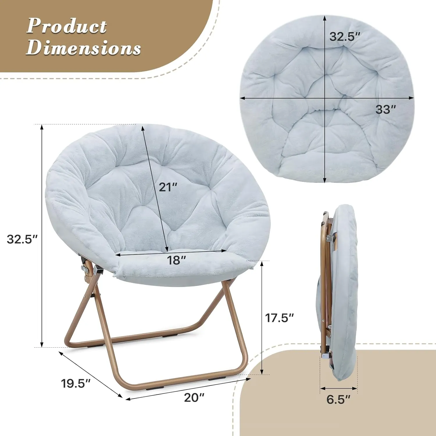 Athena Collection Comfy Saucer Chair Folding Cozy Chair for Bed Room Living Room Accent Chair Faux Fur Reading Chair Foldable Metal Frame Lazy Chair Moon Chair for Adult Set of 2, Blue