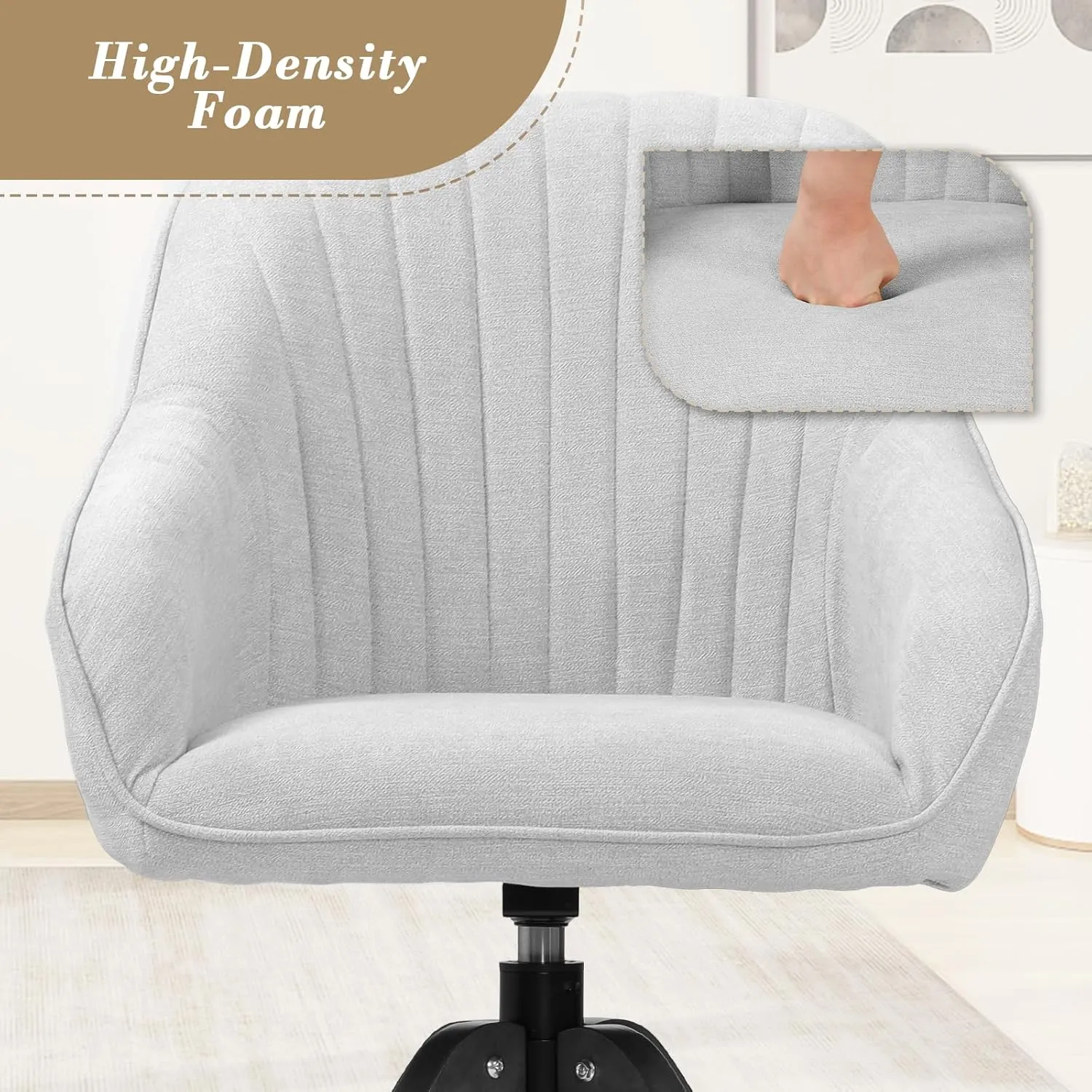 Athena Collection Swivel Modern Accent Chair, Linen Upholstered Armchair Office Desk Chair No Wheels with Wooden Legs, Comfy Vanity Chair Reading Chair for Bedroom Living Room, Gray