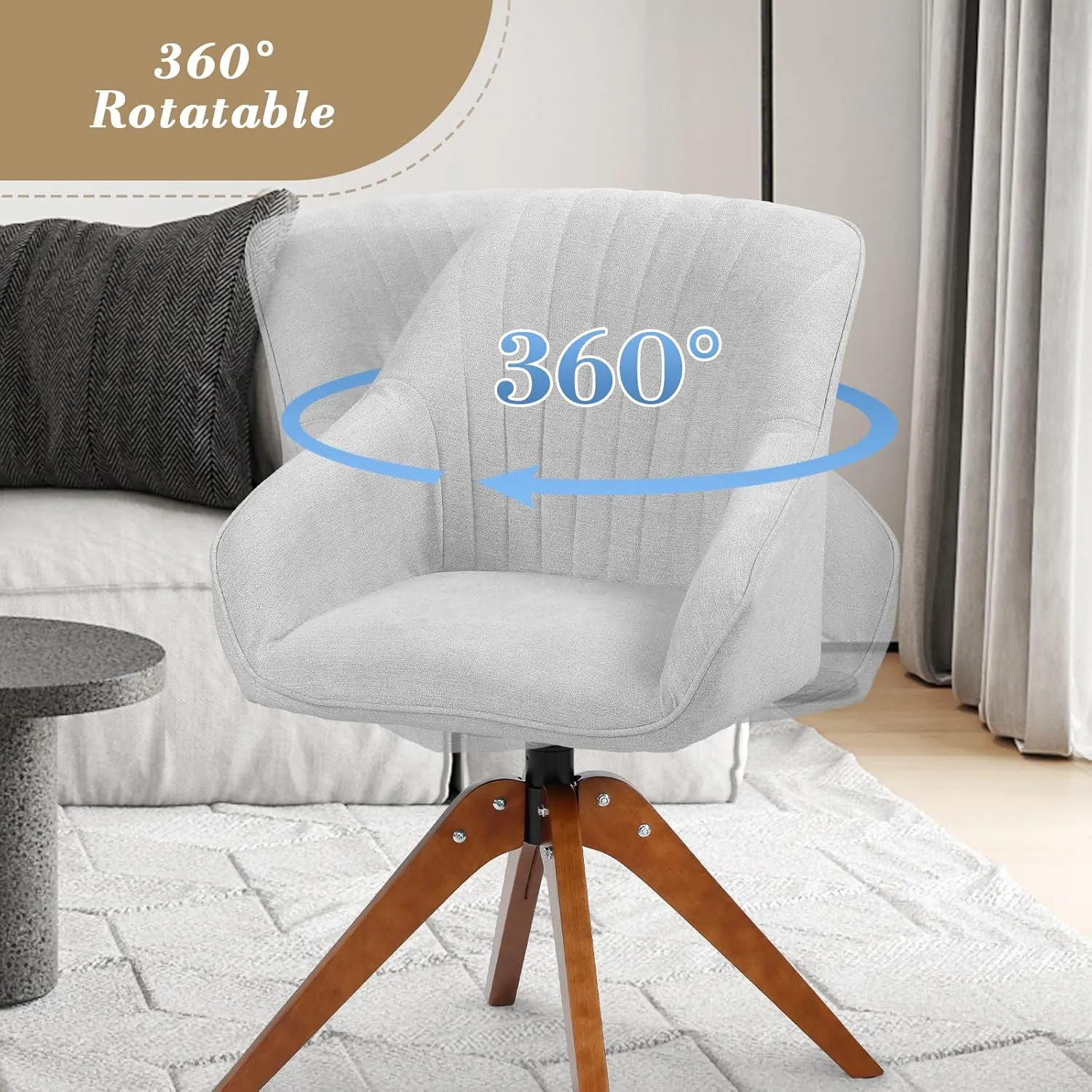 Athena Collection Swivel Modern Accent Chair, Linen Upholstered Armchair Office Desk Chair No Wheels with Wooden Legs, Comfy Vanity Chair Reading Chair for Bedroom Living Room, Gray