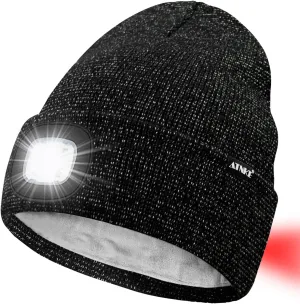 ATNKE LED Lighted Beanie Hat,USB Rechargeable 8 LED Red Glow Flashing Run Headlamp Lined Fleece Cap for Men and Women