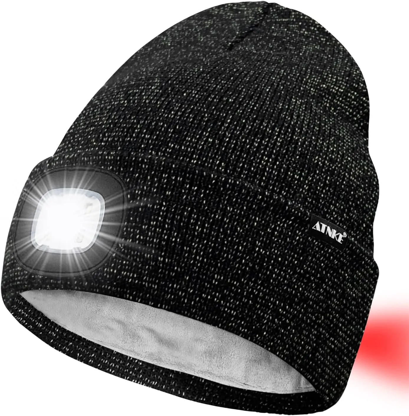ATNKE LED Lighted Beanie Hat,USB Rechargeable 8 LED Red Glow Flashing Run Headlamp Lined Fleece Cap for Men and Women