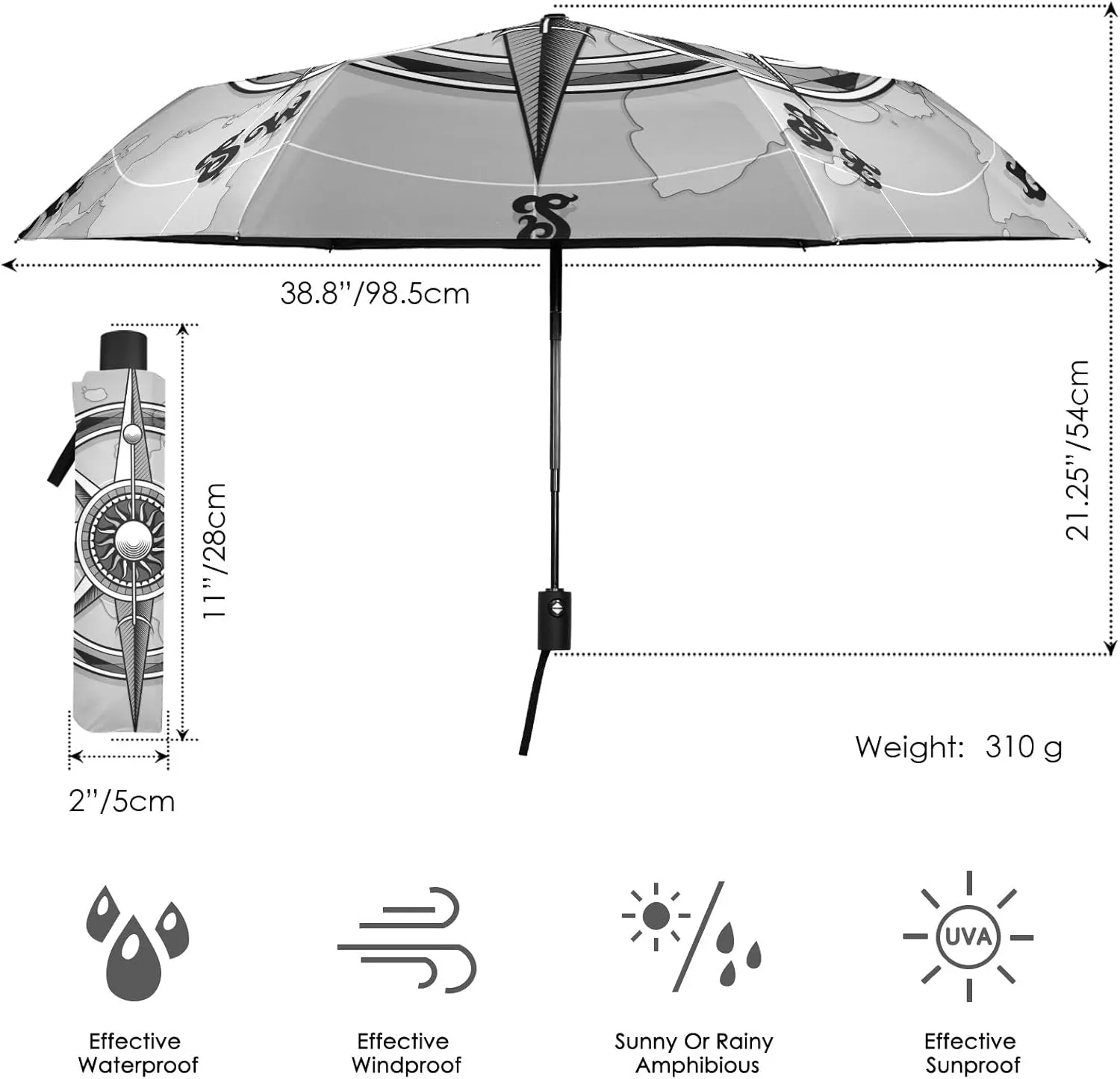 Automatic Lightweight Folding Umbrella, Auto Open/Close Portable Sun Travel Parasol, Compact Anti-UV Strong Rain Umbrella