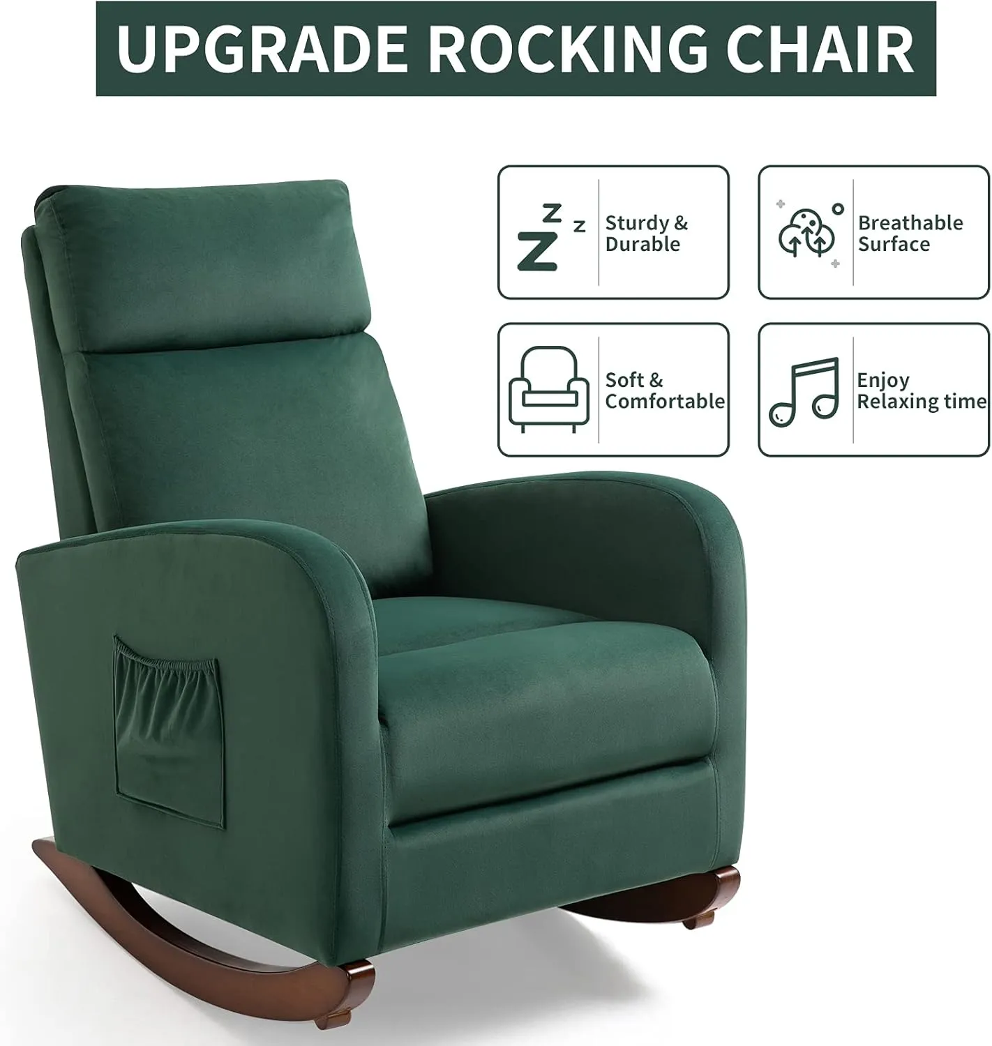 AVAWING Rocking Chair, Upholstered Glider with Solid Wood Legs, High Back Wooden Rocker with 2 Side Pockets for Living Room, Bedroom (1PC, Green)
