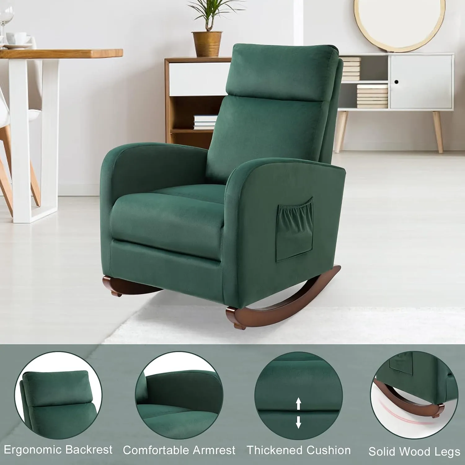AVAWING Rocking Chair, Upholstered Glider with Solid Wood Legs, High Back Wooden Rocker with 2 Side Pockets for Living Room, Bedroom (1PC, Green)