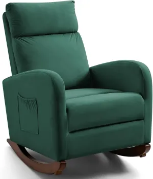 AVAWING Rocking Chair, Upholstered Glider with Solid Wood Legs, High Back Wooden Rocker with 2 Side Pockets for Living Room, Bedroom (1PC, Green)