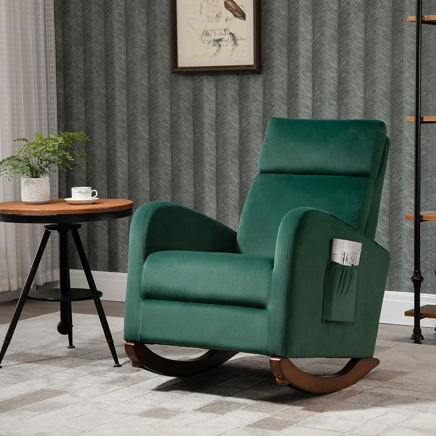 AVAWING Rocking Chair, Upholstered Glider with Solid Wood Legs, High Back Wooden Rocker with 2 Side Pockets for Living Room, Bedroom (1PC, Green)