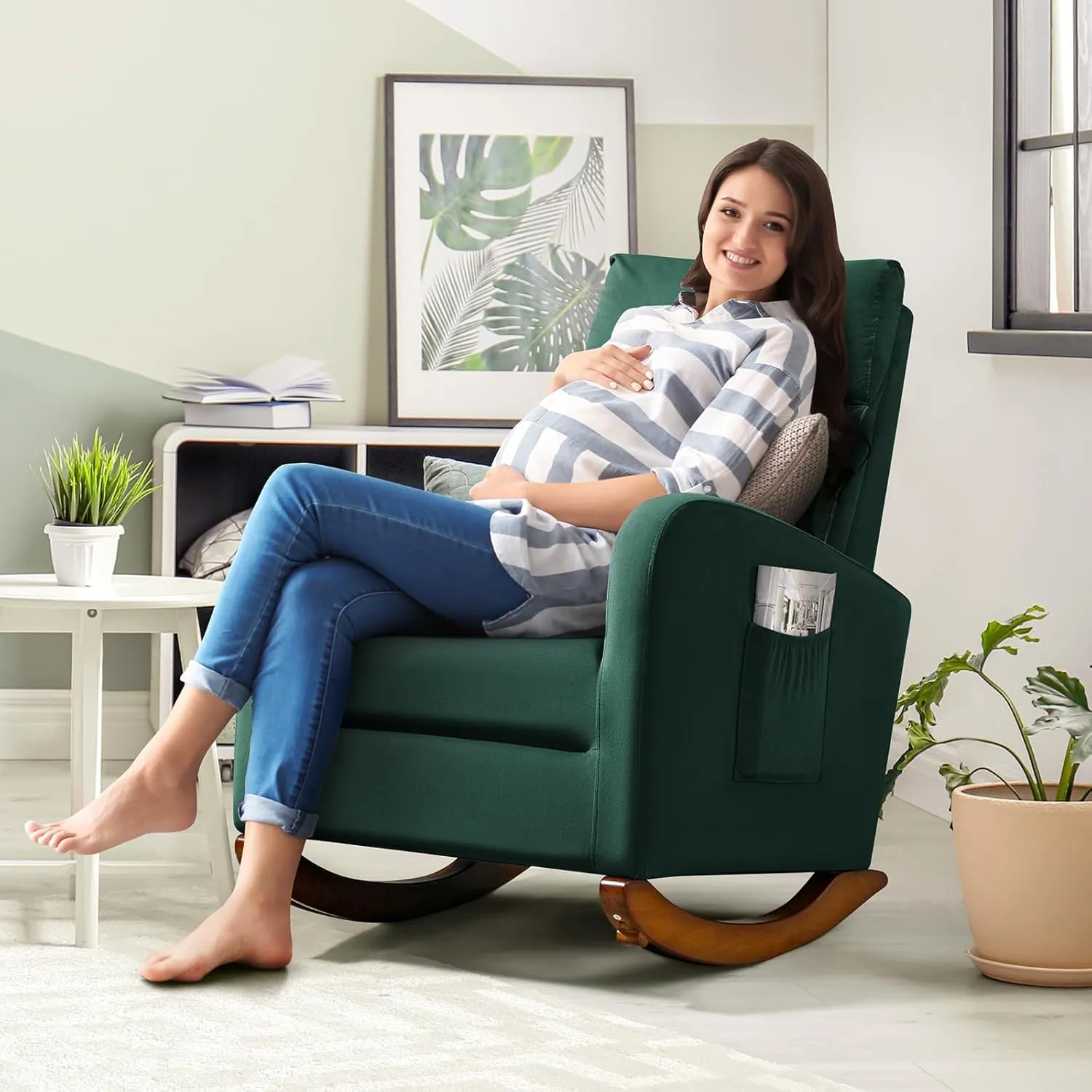 AVAWING Rocking Chair, Upholstered Glider with Solid Wood Legs, High Back Wooden Rocker with 2 Side Pockets for Living Room, Bedroom (1PC, Green)