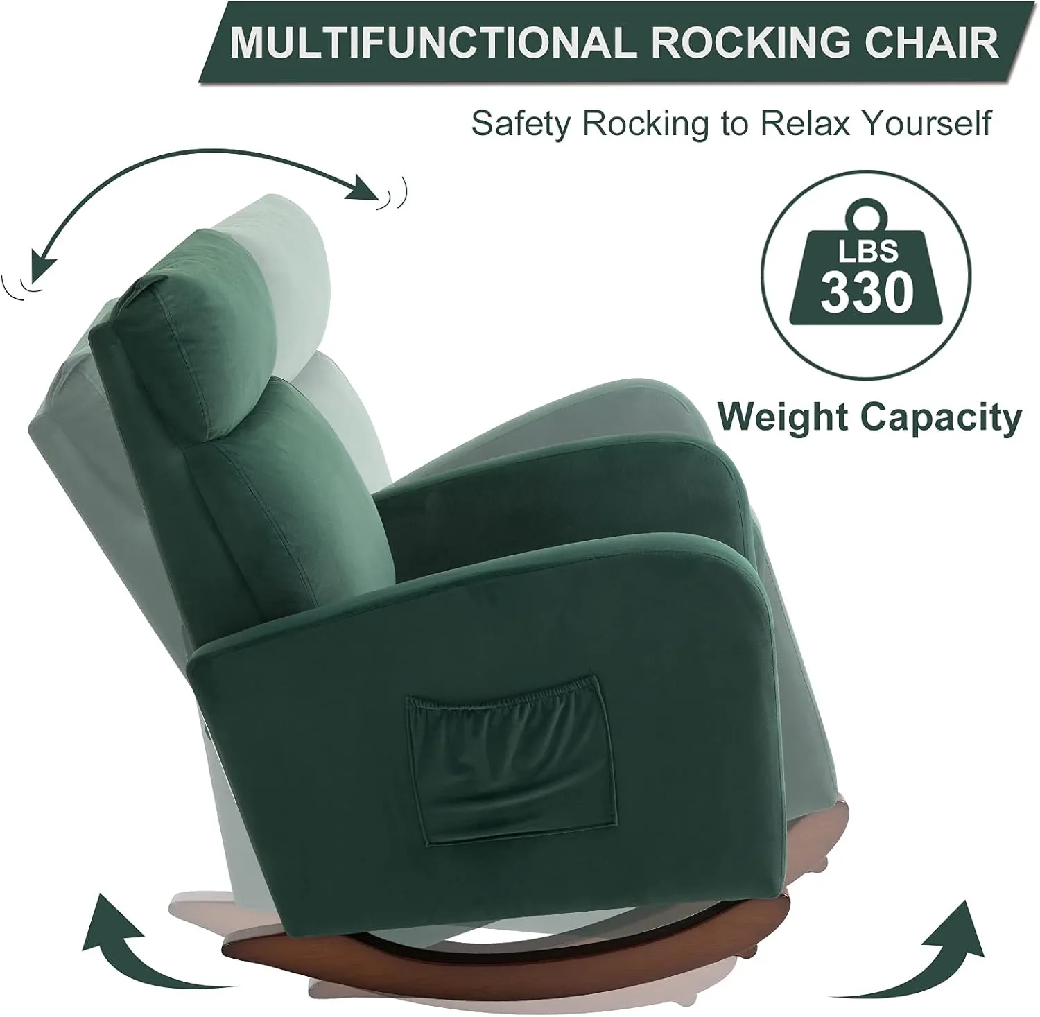 AVAWING Rocking Chair, Upholstered Glider with Solid Wood Legs, High Back Wooden Rocker with 2 Side Pockets for Living Room, Bedroom (1PC, Green)