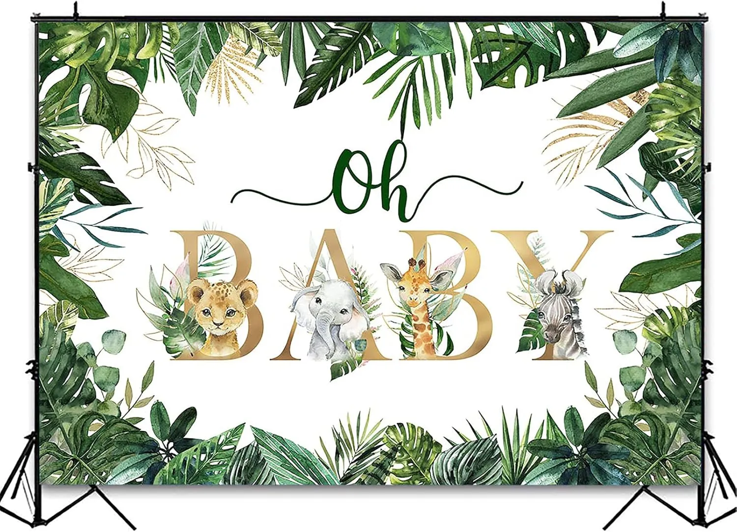 Avezano Jungle Animals Oh Baby Backdrop for Baby Shower Decoration Photography Background Safari Gold Green Greenery Leaves Gender Neutral Baby Shower Birthday Party Photoshoot (10x7ft)