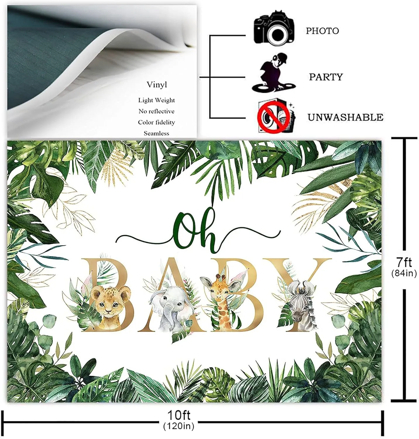 Avezano Jungle Animals Oh Baby Backdrop for Baby Shower Decoration Photography Background Safari Gold Green Greenery Leaves Gender Neutral Baby Shower Birthday Party Photoshoot (10x7ft)