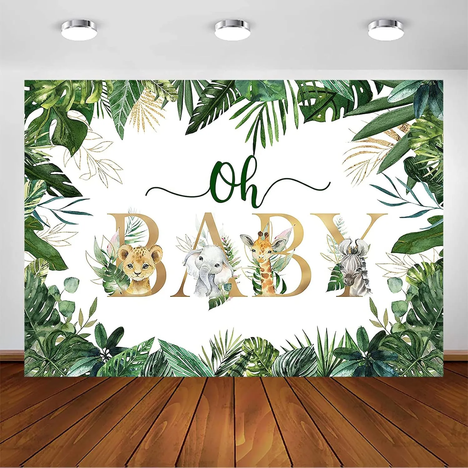 Avezano Jungle Animals Oh Baby Backdrop for Baby Shower Decoration Photography Background Safari Gold Green Greenery Leaves Gender Neutral Baby Shower Birthday Party Photoshoot (10x7ft)