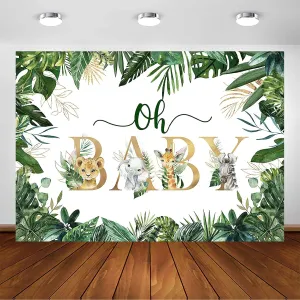 Avezano Jungle Animals Oh Baby Backdrop for Baby Shower Decoration Photography Background Safari Gold Green Greenery Leaves Gender Neutral Baby Shower Birthday Party Photoshoot (10x7ft)