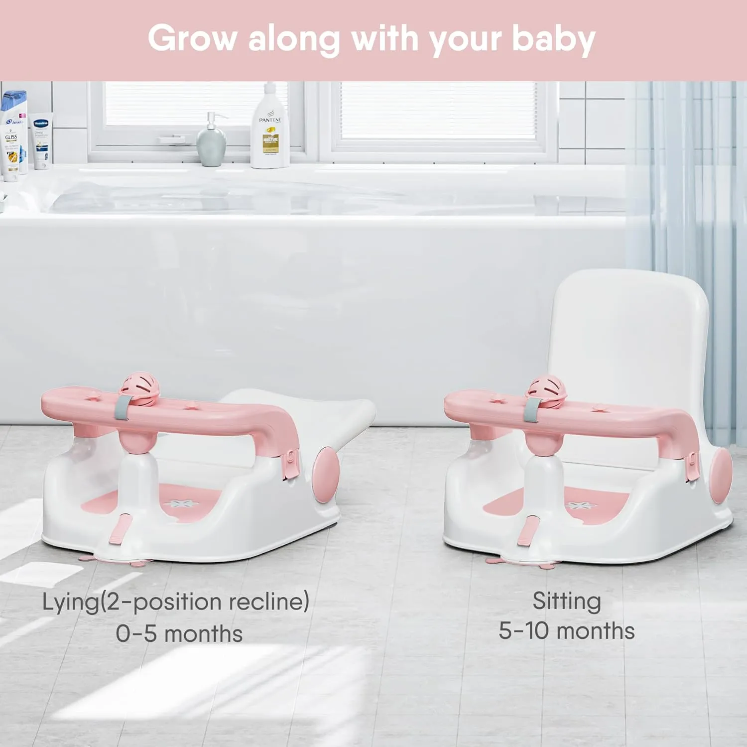 Baby Bath Seat with Sitting & Lying 2 Modes, 3-Speed Adjustment, Powerful Suction Cups, Infant Bathtub Chair with Washable Pillow, Folding and Hanging(Light Pink)