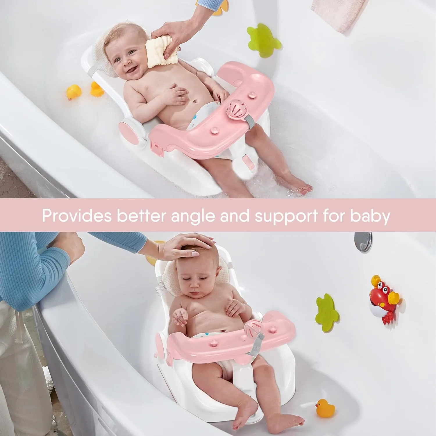 Baby Bath Seat with Sitting & Lying 2 Modes, 3-Speed Adjustment, Powerful Suction Cups, Infant Bathtub Chair with Washable Pillow, Folding and Hanging(Light Pink)