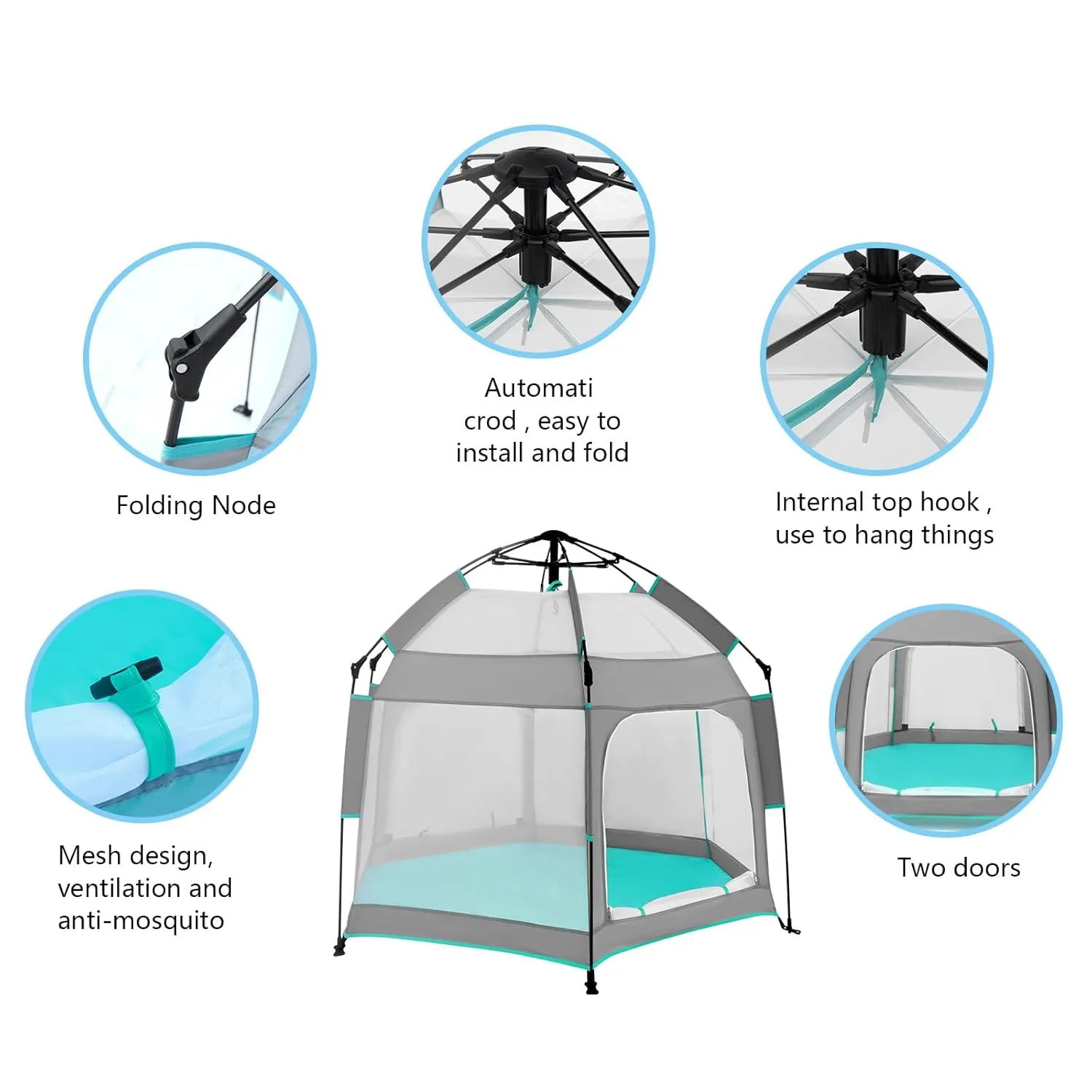 Baby Playpen with Canopy, Portable Baby Beach Tent, Toddler Play Yard Indoor and Outdoor, Foldable Mosquito Net for Infant - Grey