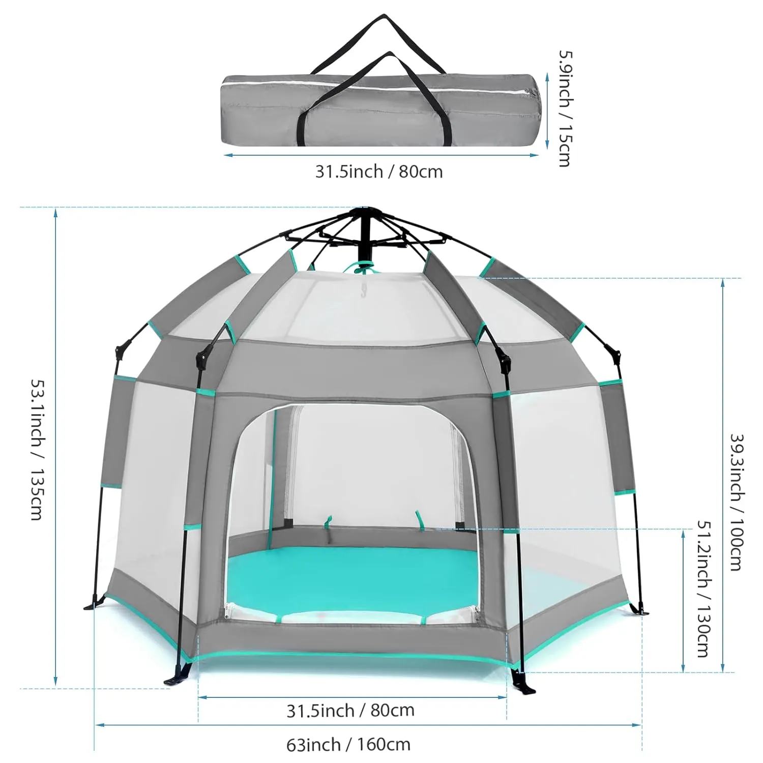Baby Playpen with Canopy, Portable Baby Beach Tent, Toddler Play Yard Indoor and Outdoor, Foldable Mosquito Net for Infant - Grey