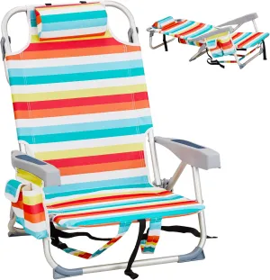 Backpack Beach Chair with Towel Bar,Cooler and Storage Pouch,5-Position Adjustable Low Beach Chairs for Adults,Aluminum,Lightweight Folding Camping Chairs for Outdoor Activities,Rainbow Stripes