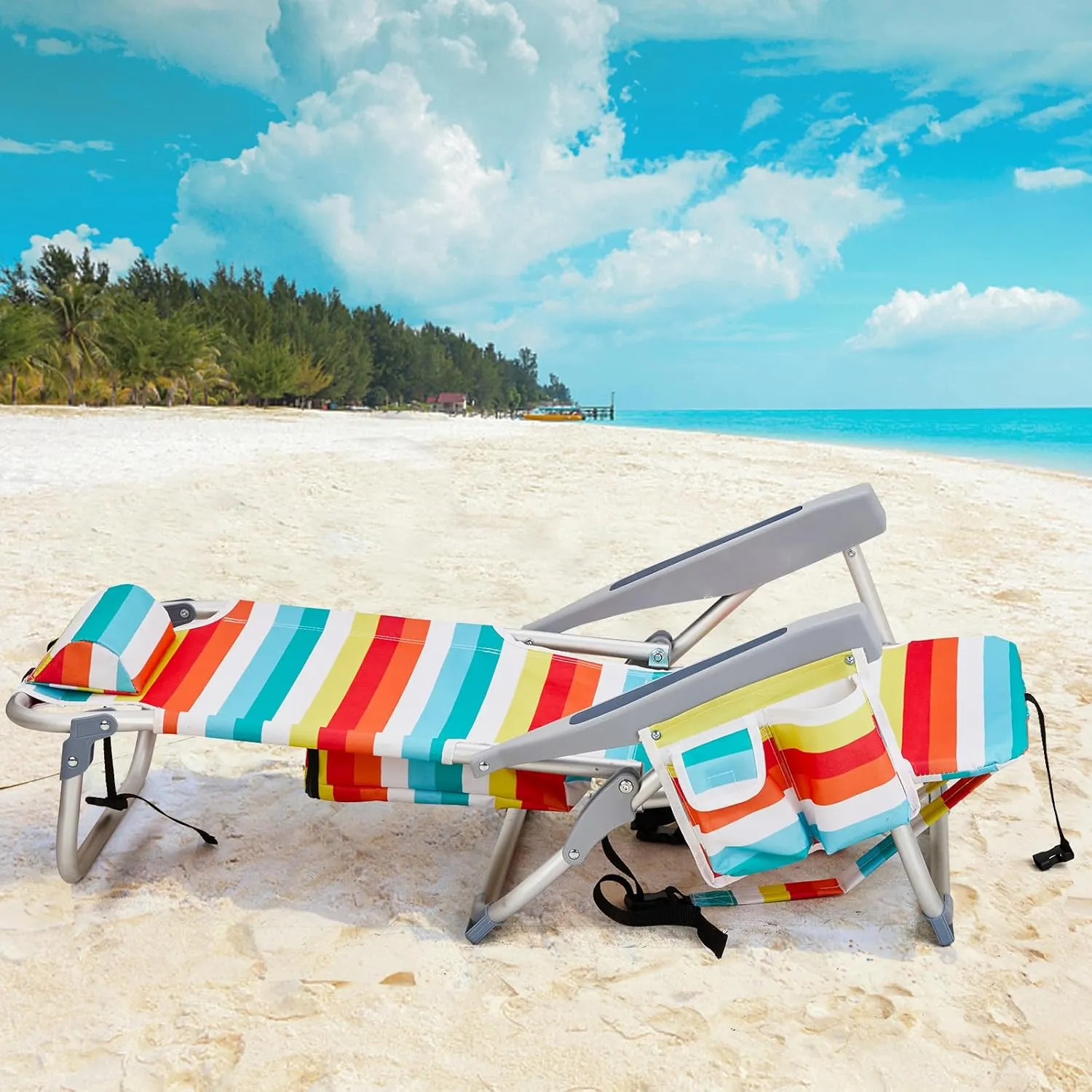 Backpack Beach Chair with Towel Bar,Cooler and Storage Pouch,5-Position Adjustable Low Beach Chairs for Adults,Aluminum,Lightweight Folding Camping Chairs for Outdoor Activities,Rainbow Stripes