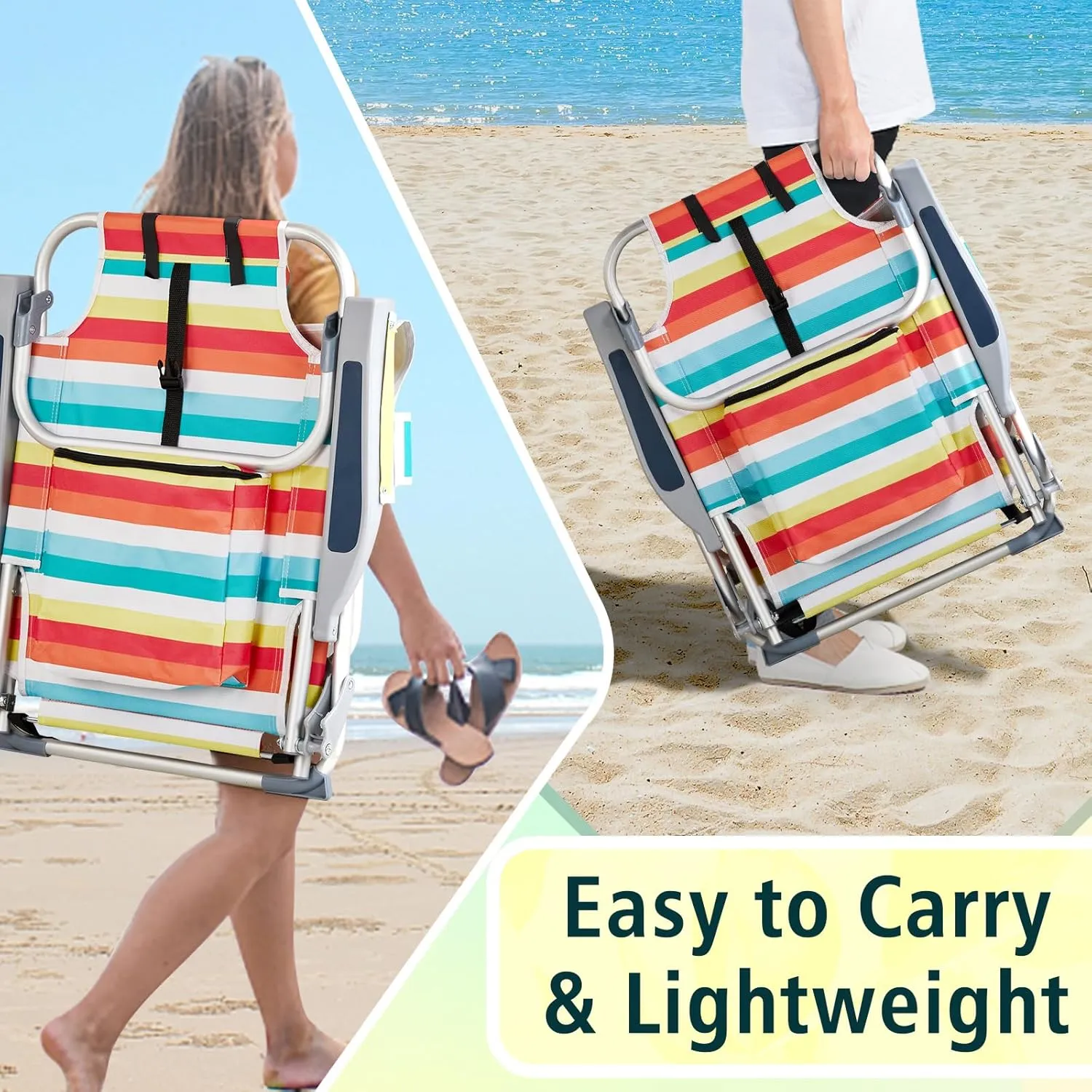 Backpack Beach Chair with Towel Bar,Cooler and Storage Pouch,5-Position Adjustable Low Beach Chairs for Adults,Aluminum,Lightweight Folding Camping Chairs for Outdoor Activities,Rainbow Stripes
