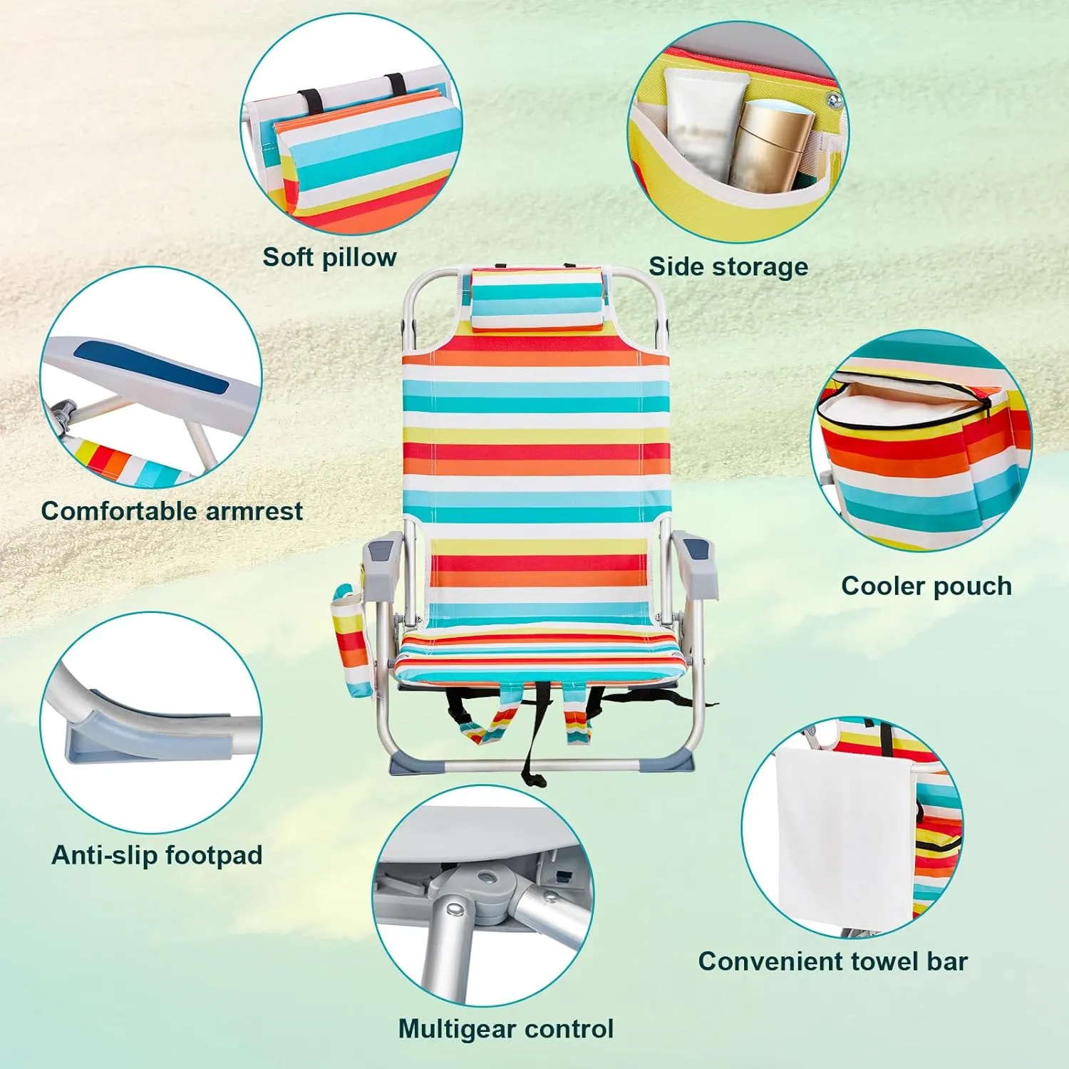 Backpack Beach Chair with Towel Bar,Cooler and Storage Pouch,5-Position Adjustable Low Beach Chairs for Adults,Aluminum,Lightweight Folding Camping Chairs for Outdoor Activities,Rainbow Stripes