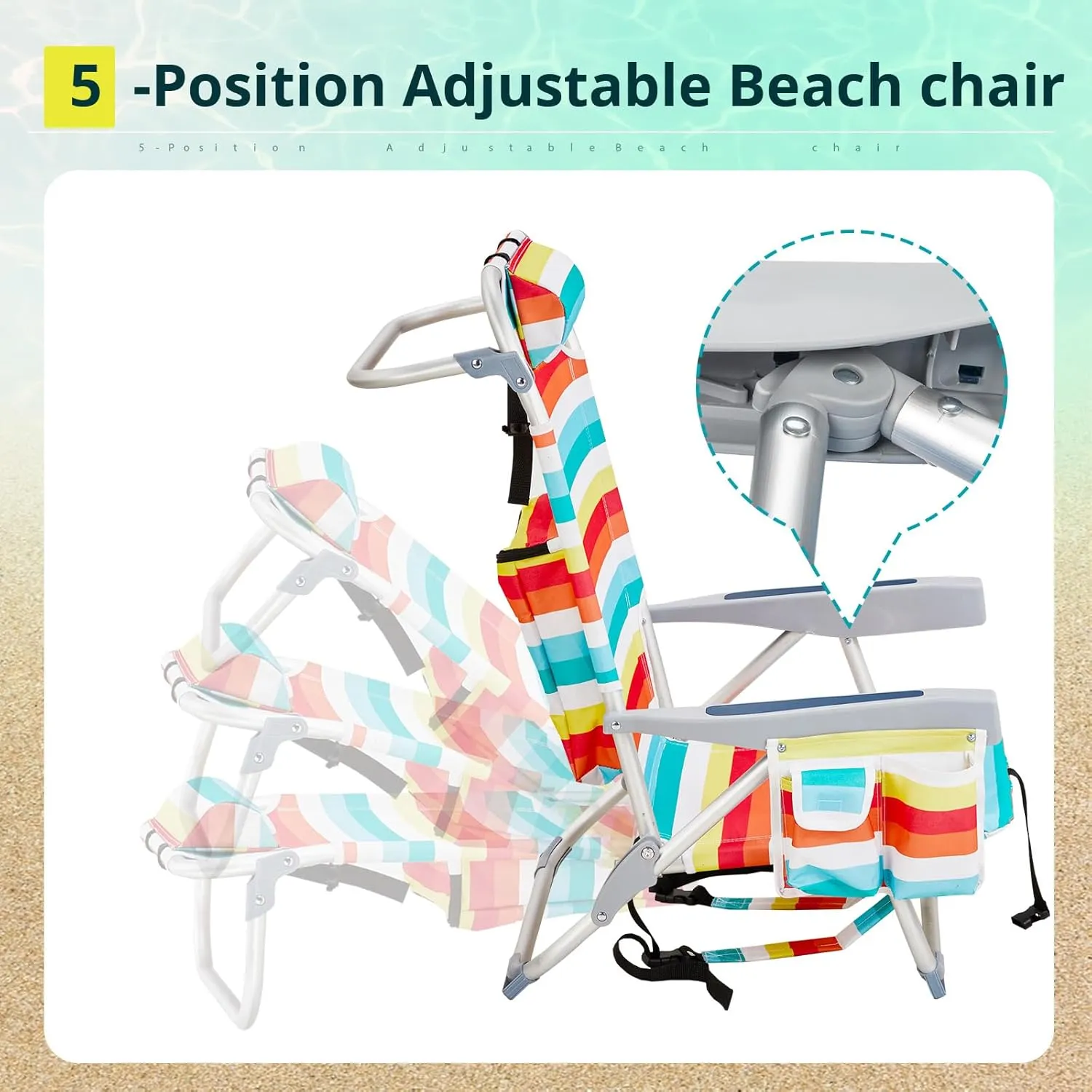 Backpack Beach Chair with Towel Bar,Cooler and Storage Pouch,5-Position Adjustable Low Beach Chairs for Adults,Aluminum,Lightweight Folding Camping Chairs for Outdoor Activities,Rainbow Stripes