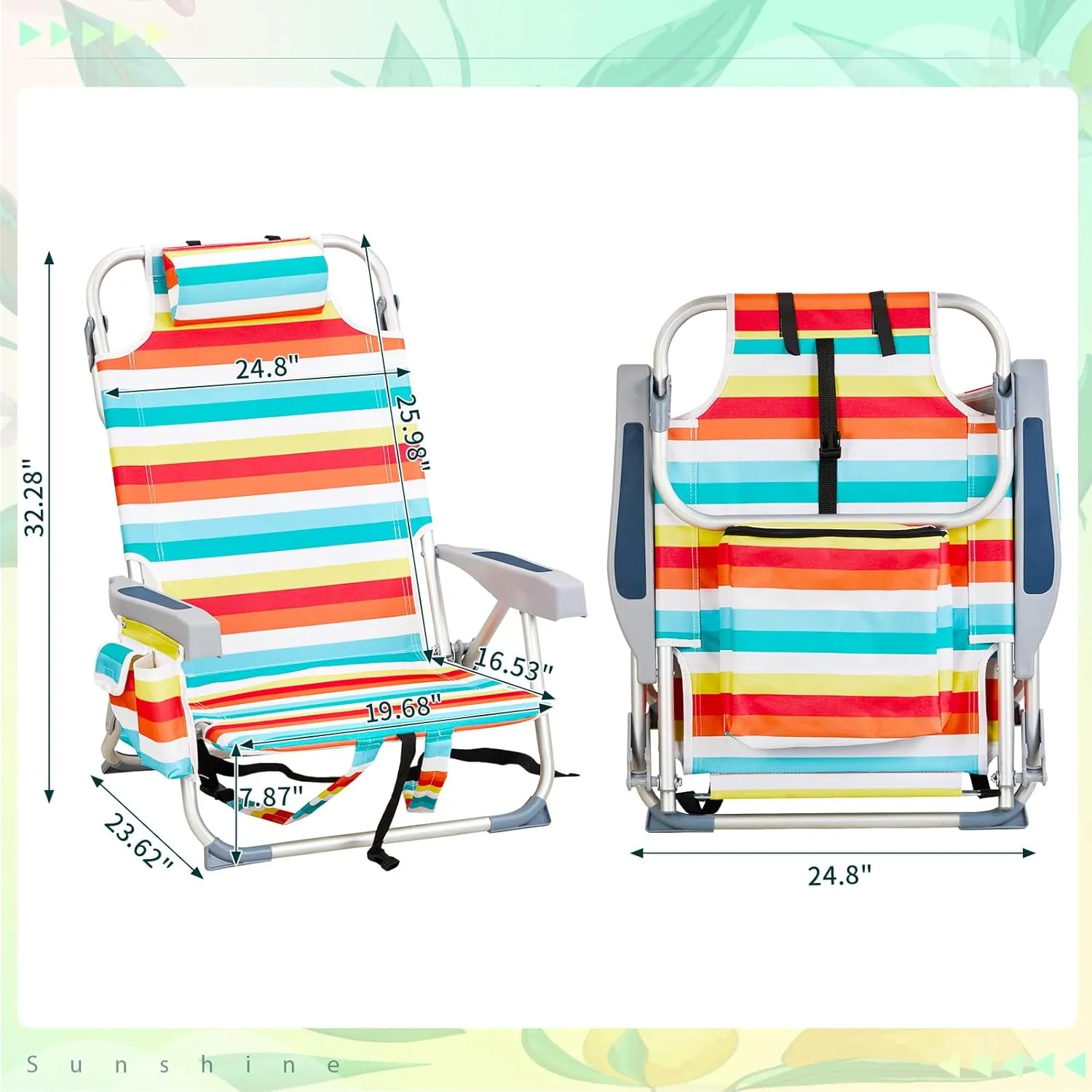 Backpack Beach Chair with Towel Bar,Cooler and Storage Pouch,5-Position Adjustable Low Beach Chairs for Adults,Aluminum,Lightweight Folding Camping Chairs for Outdoor Activities,Rainbow Stripes