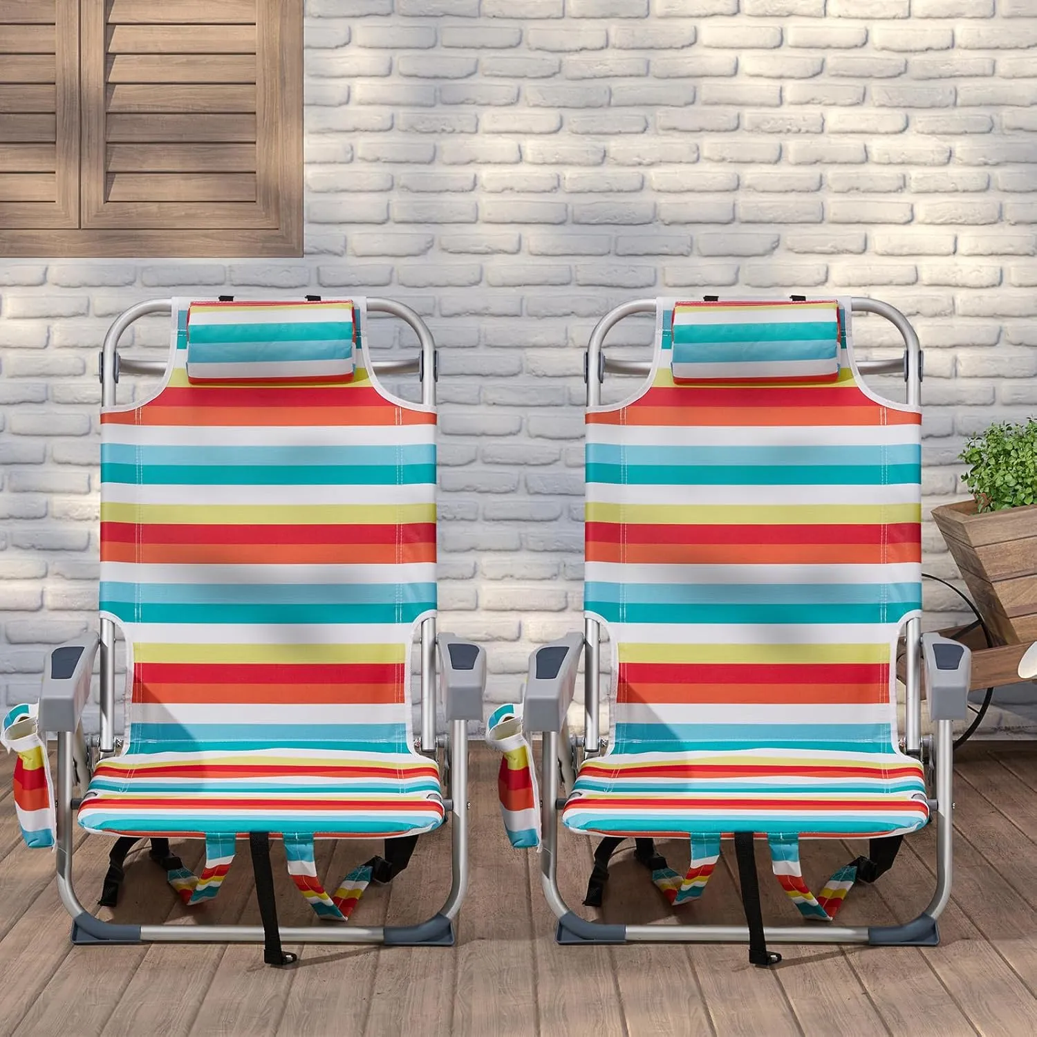 Backpack Beach Chair with Towel Bar,Cooler and Storage Pouch,5-Position Adjustable Low Beach Chairs for Adults,Aluminum,Lightweight Folding Camping Chairs for Outdoor Activities,Rainbow Stripes