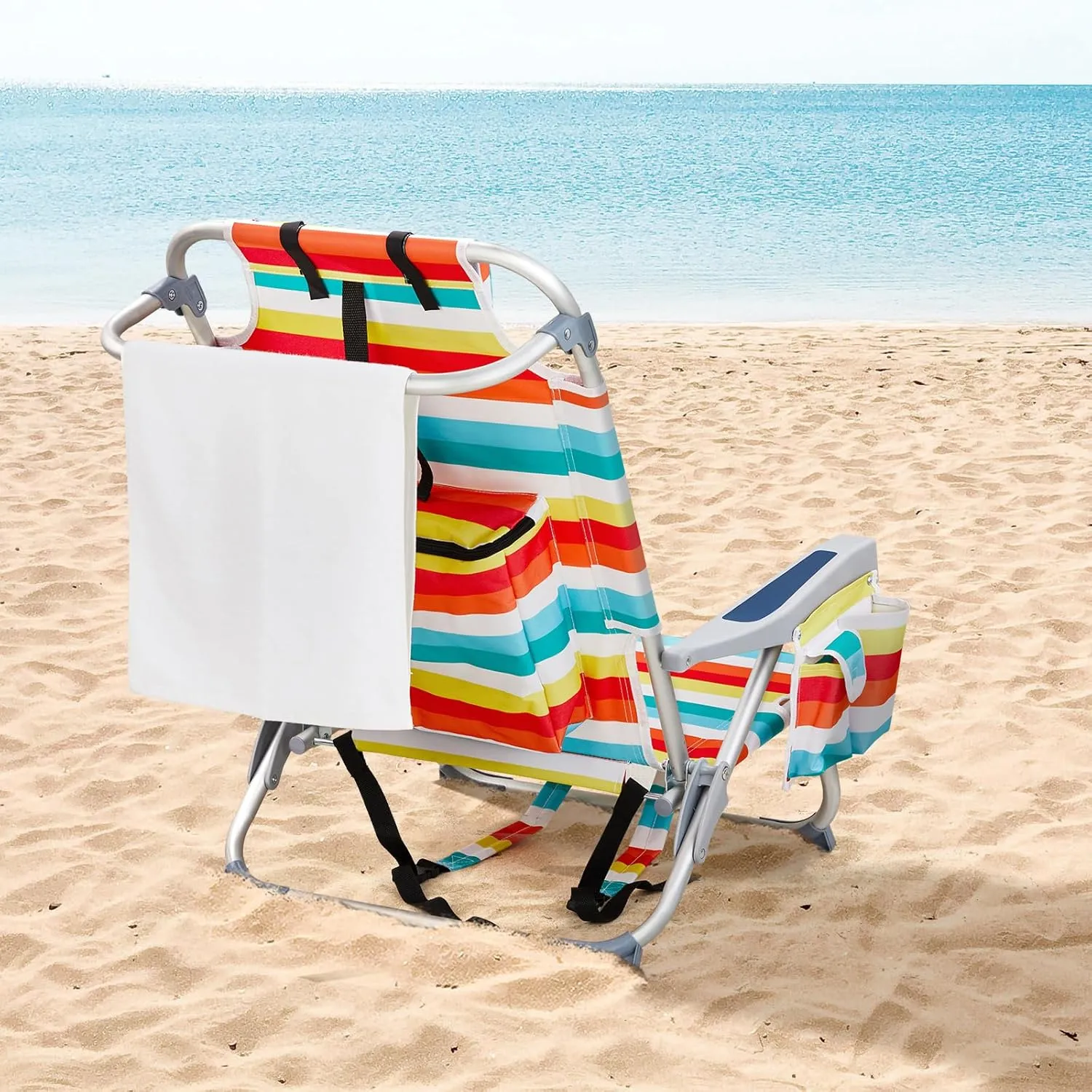 Backpack Beach Chair with Towel Bar,Cooler and Storage Pouch,5-Position Adjustable Low Beach Chairs for Adults,Aluminum,Lightweight Folding Camping Chairs for Outdoor Activities,Rainbow Stripes