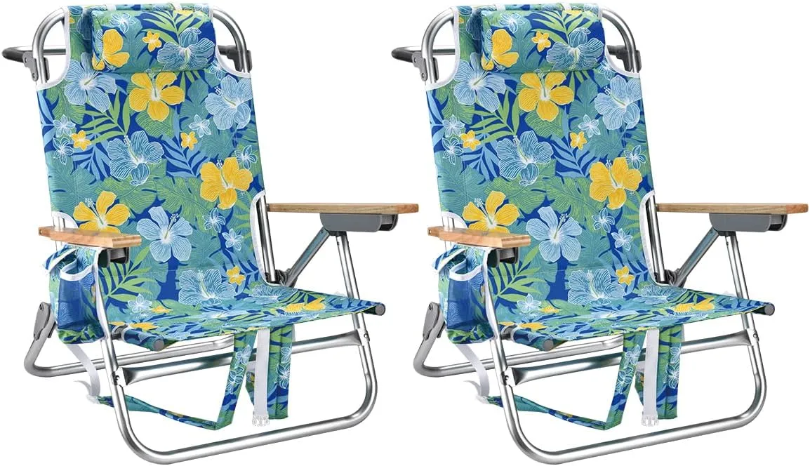 Backpack Beach Chairs for Adults Capacity 300 LBS Low 5 Position Beach Chair with Pouch Straps Folding Lightweight Reclining Aluminum Wide Lay Flat Single